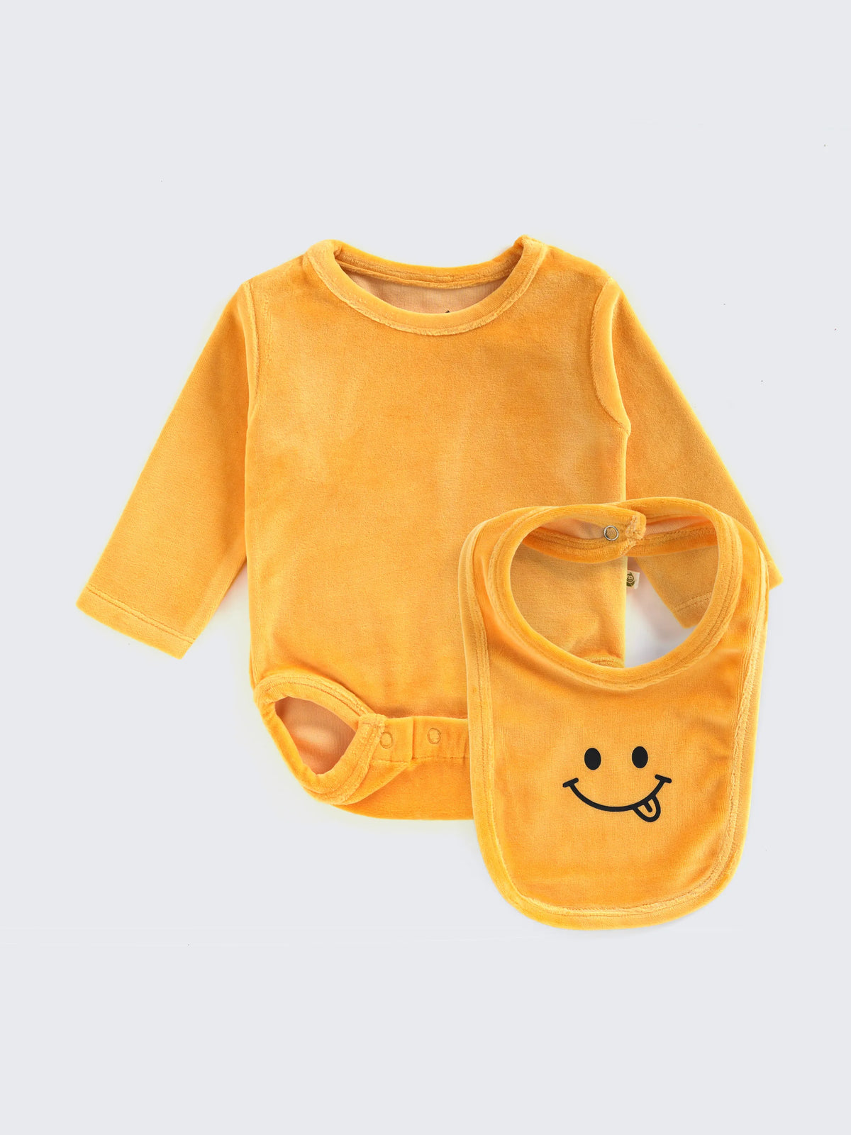 Solid Yellow Unisex  Bodysuit with Smiley Bib Set