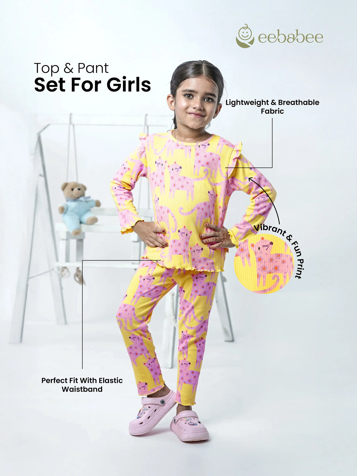 Playfull pink cat top & pant set for girls