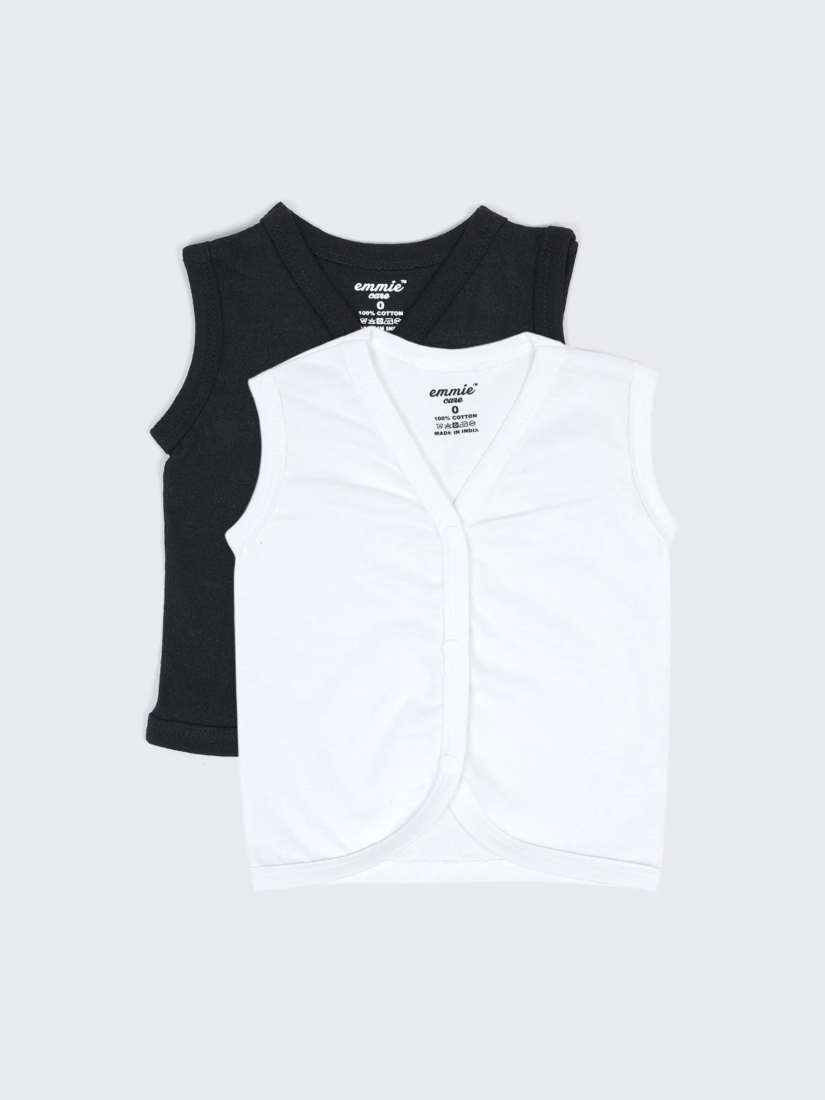 Baby Cotton Sleeveless Jabla Set – Solid White & Black Front Open Baby Vest Combo (2 Pieces)