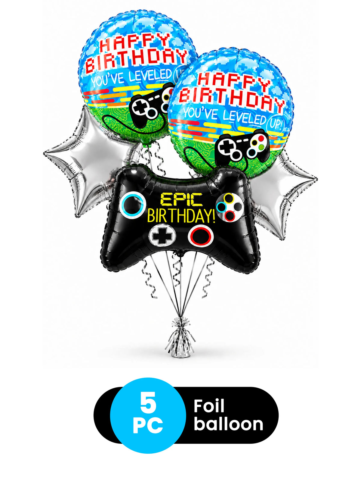 5-Piece Gamer Foil Balloon Birthday Set