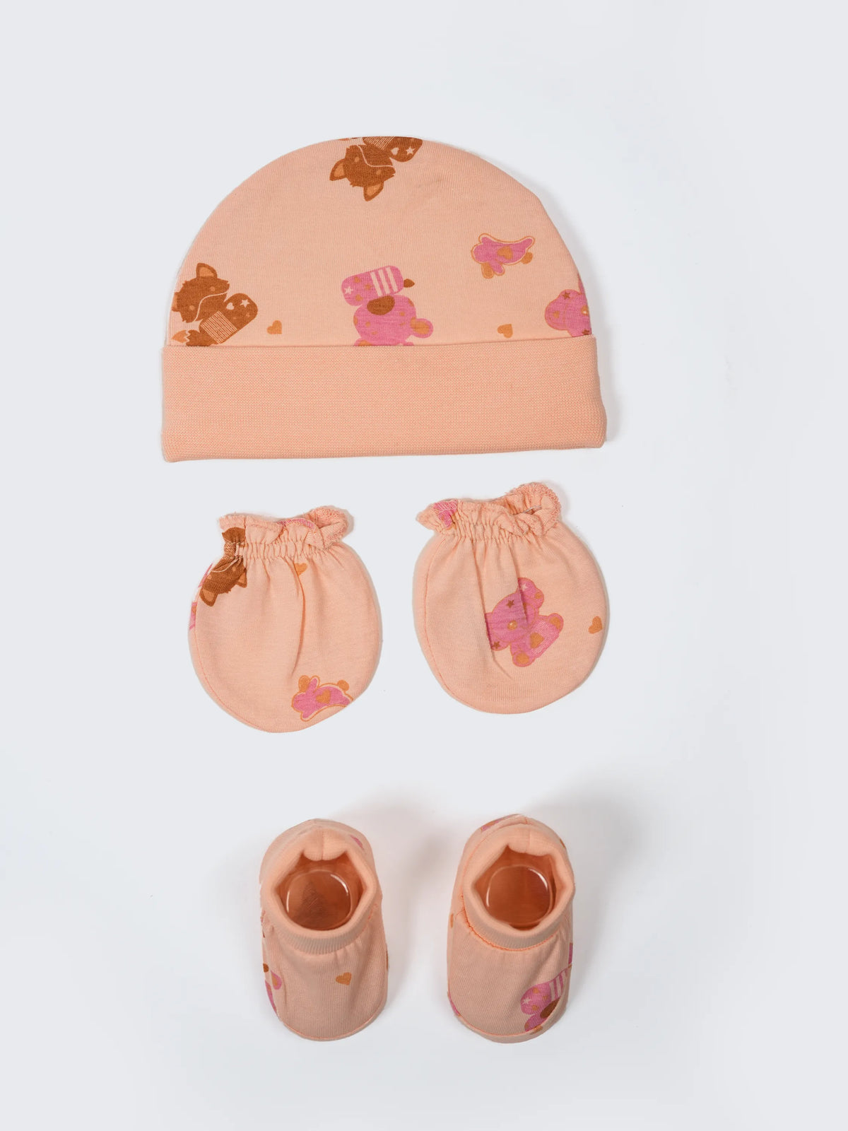 Newborn Cap, Mittens & Booties Set – Peach Print