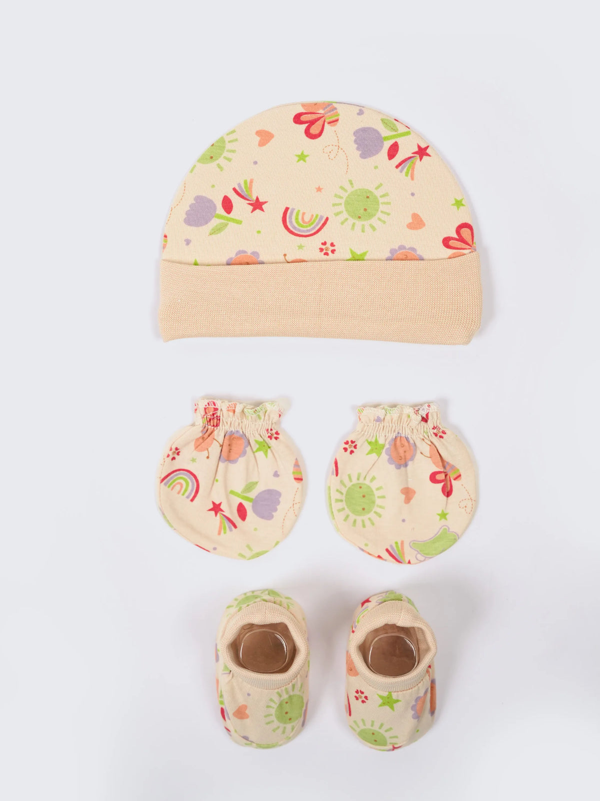 Newborn Cap, Mittens & Booties Set – Beige Print