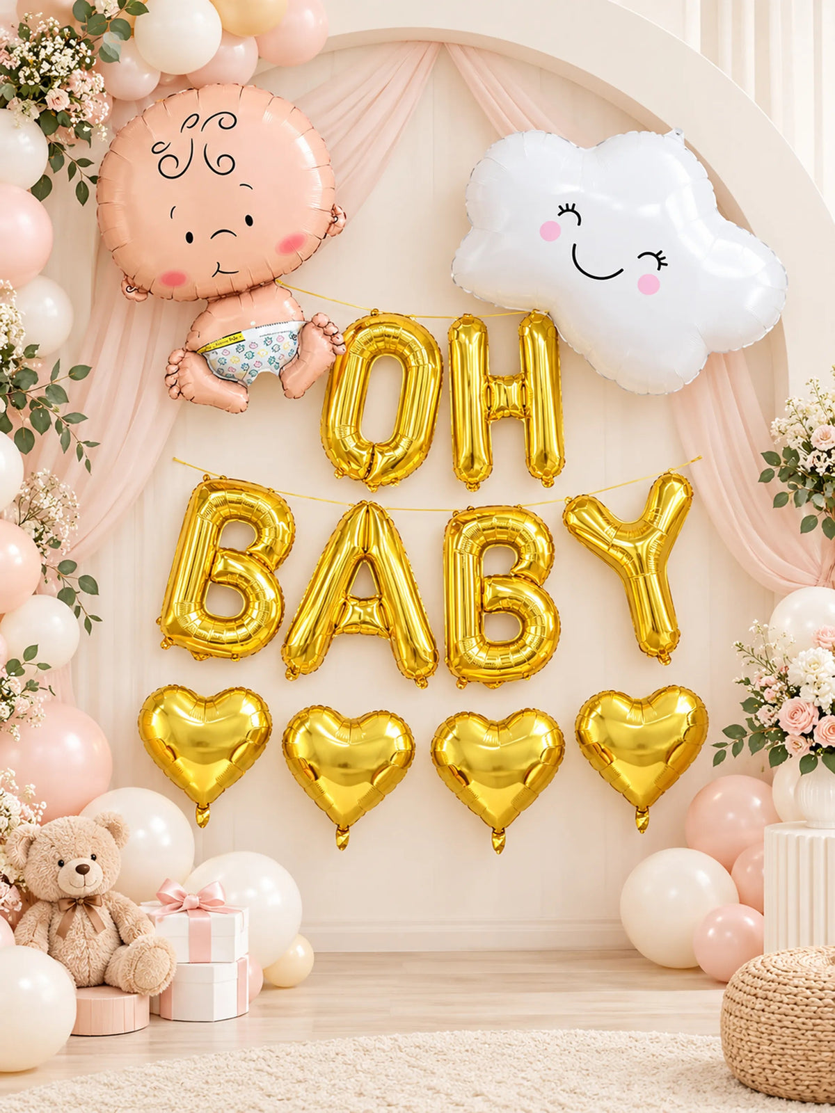"Oh Baby" Foil Balloon Decoration Set – Gold (12 Pcs)