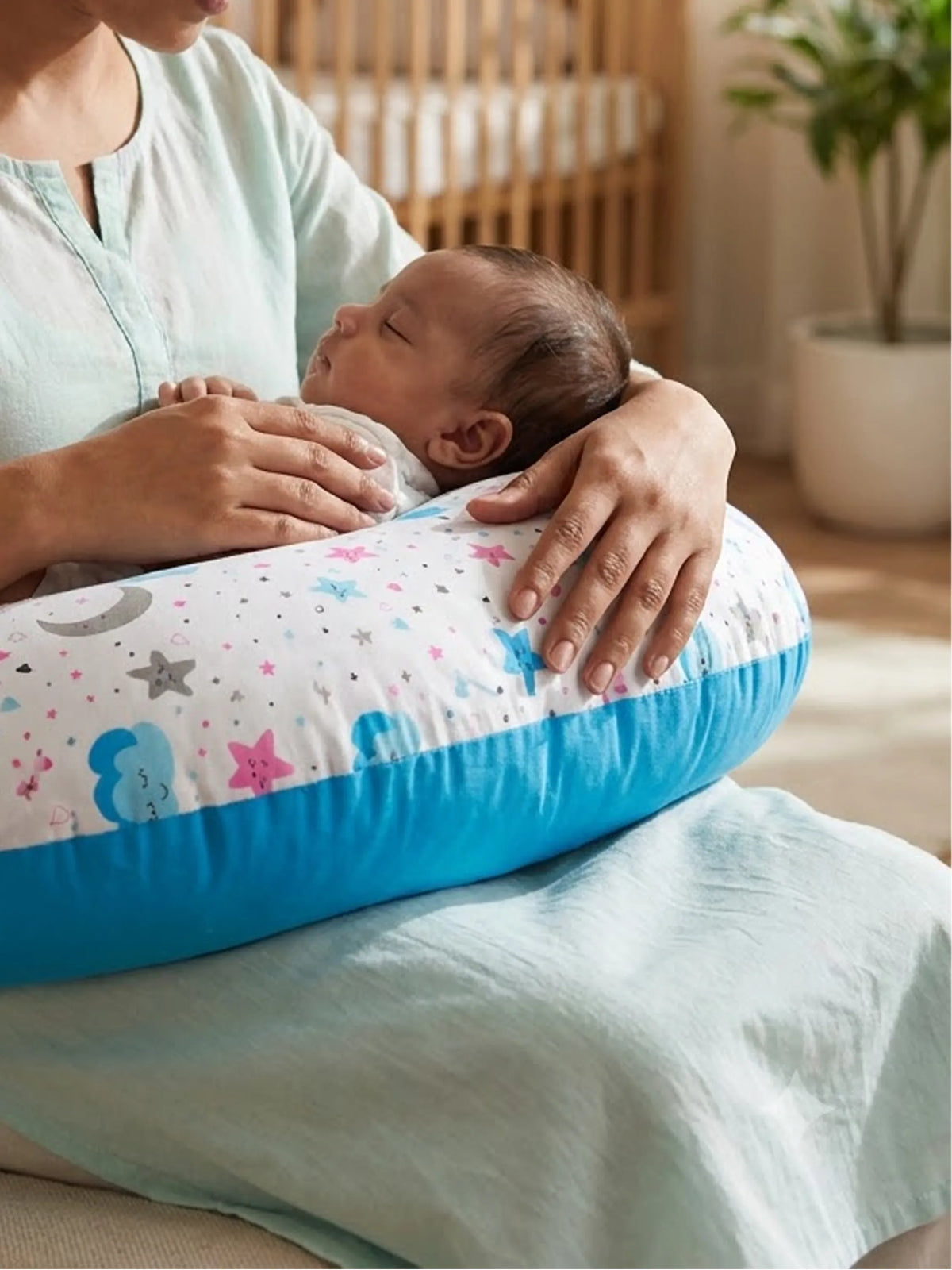 Baby Feeding Pillow - White & Sky Blue