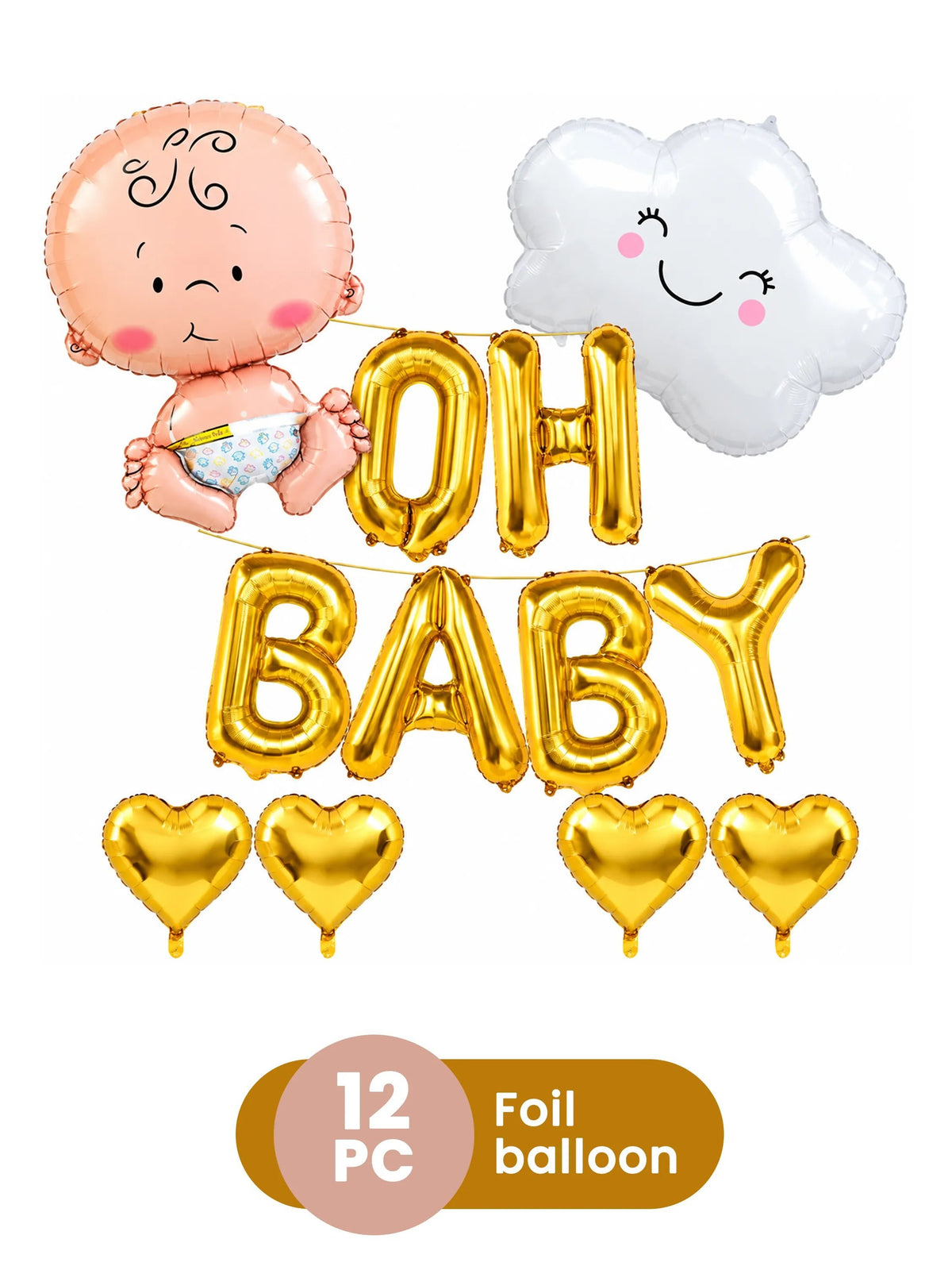 "Oh Baby" Foil Balloon Decoration Set – Gold (12 Pcs)