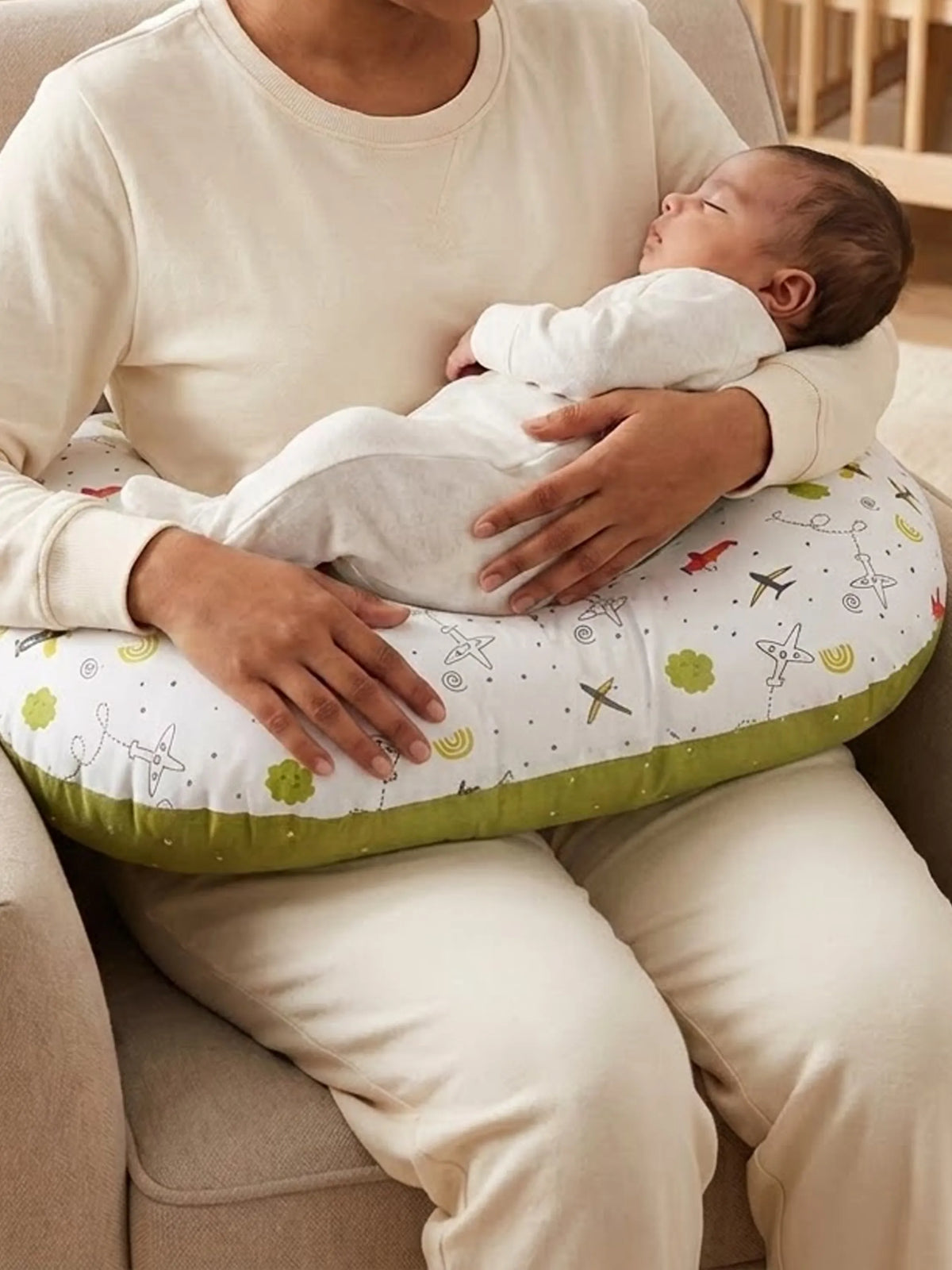 Baby Feeding Pillow - White & Olive Green