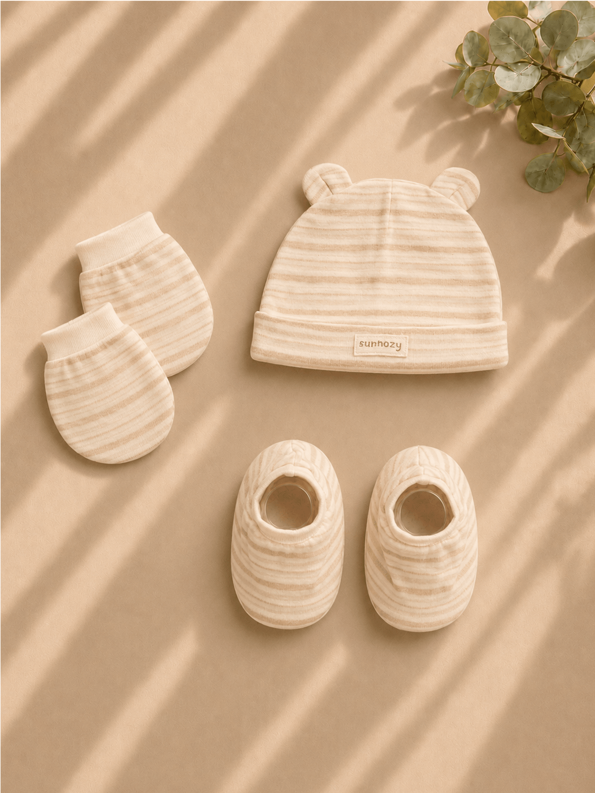 Baby Cap, Mittens & Booties Set – Beige Stripe