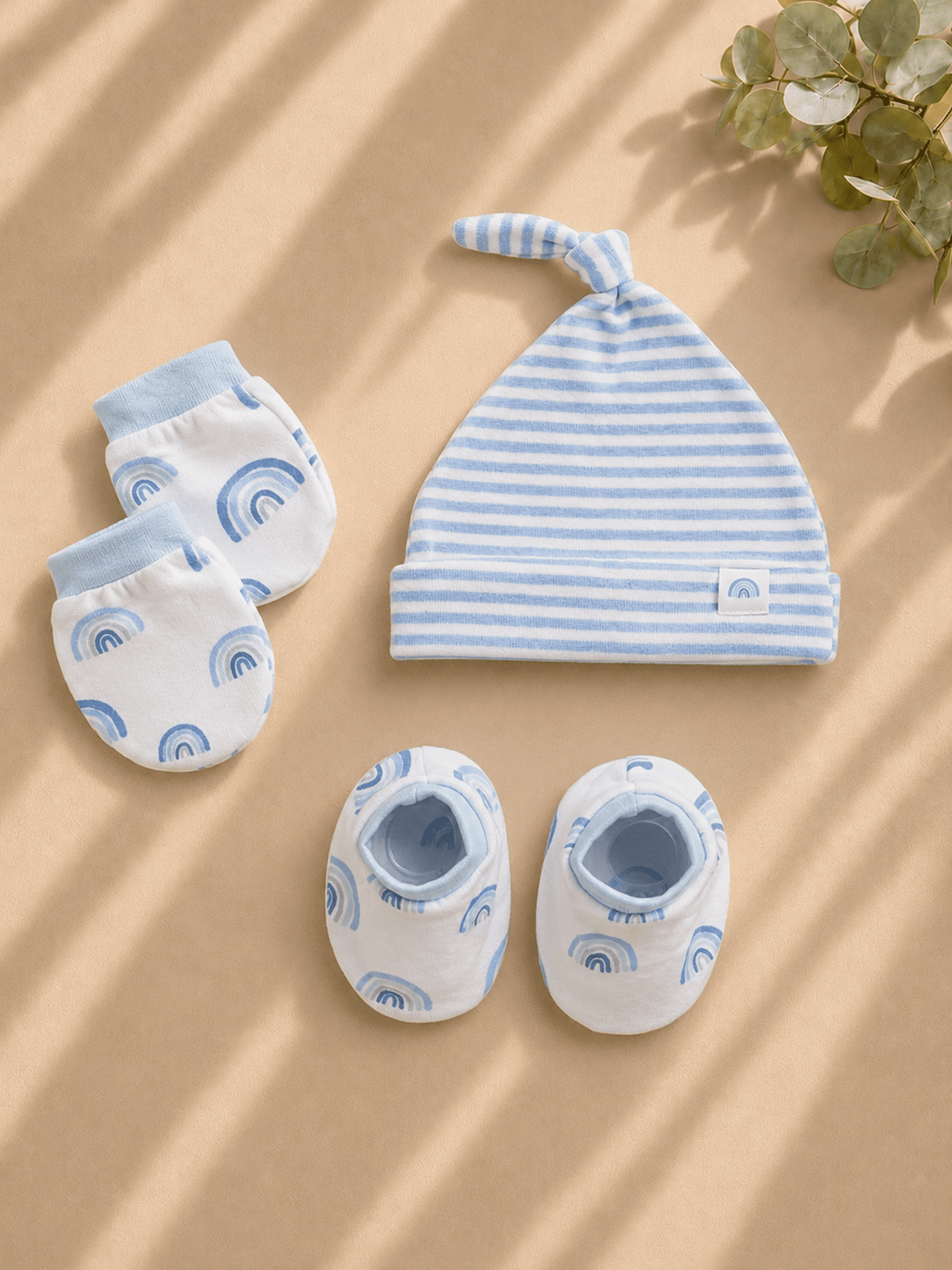 Newborn Cotton Cap, Mittens & Booties Set – Blue Rainbow