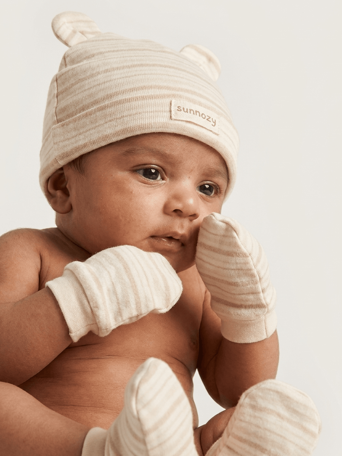 Baby Cap, Mittens & Booties Set – Beige Stripe
