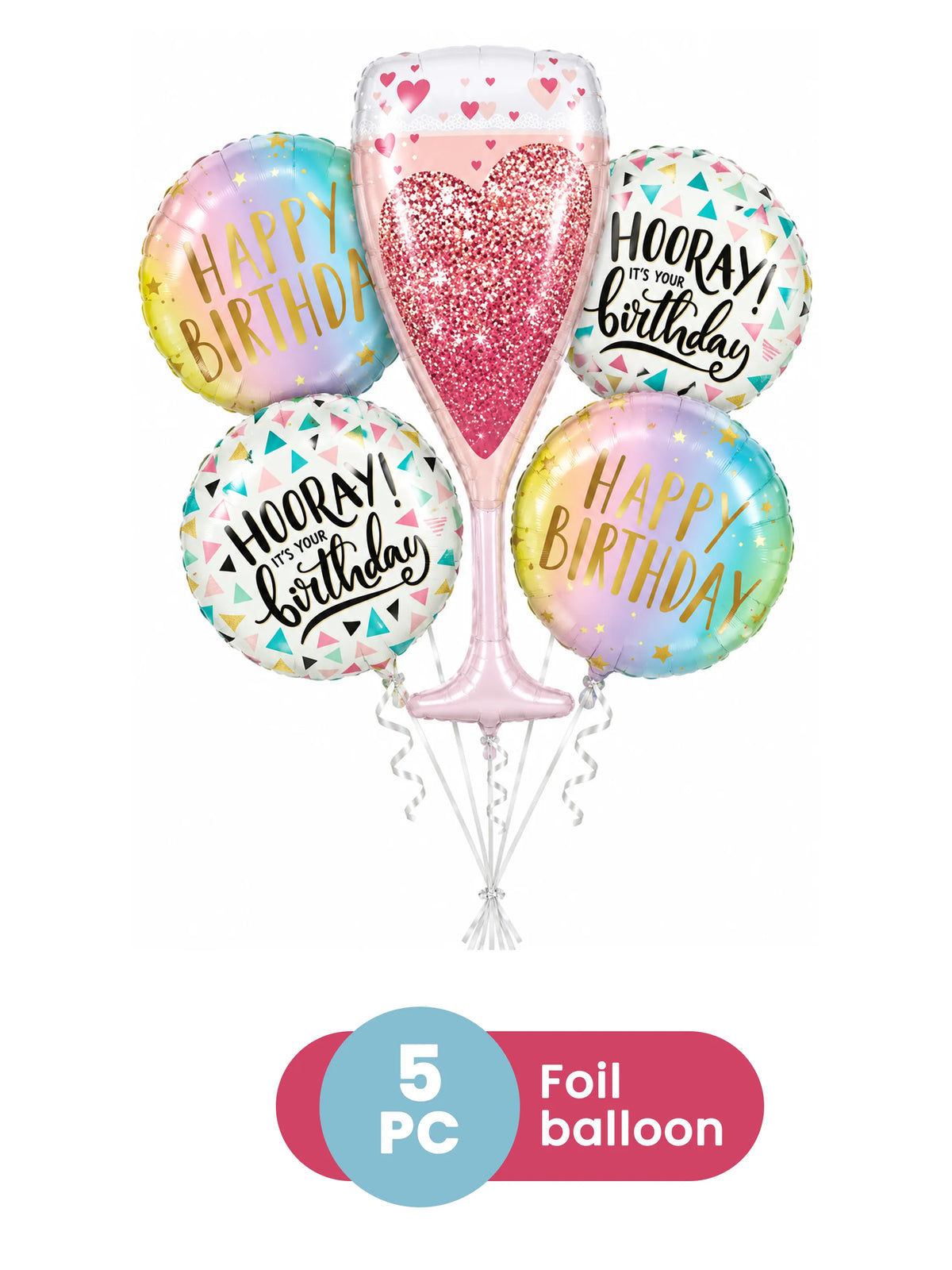 5-Piece Champagne Glass Foil Balloon Birthday Set