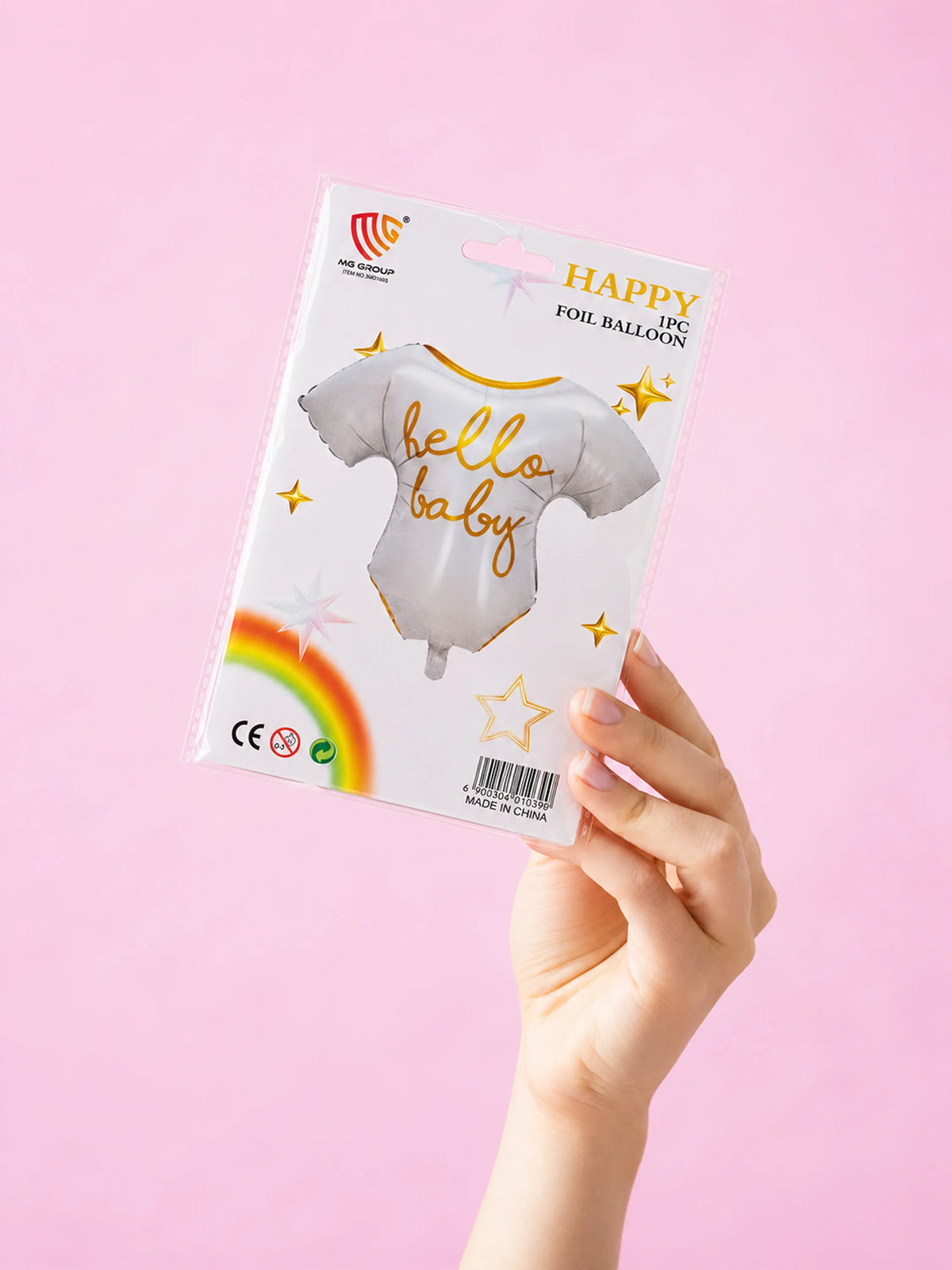 Hello Baby Onesie Foil Balloon - White & Gold