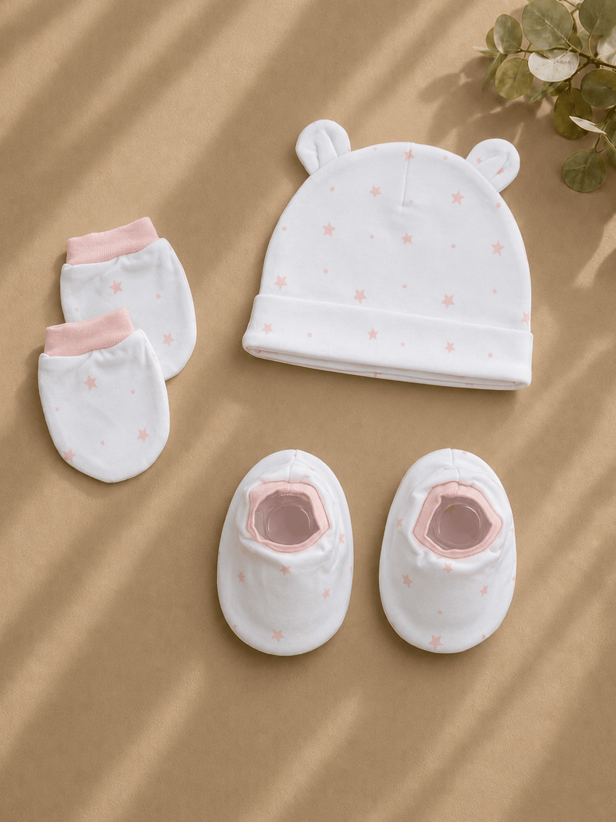 Baby Cap, Mittens & Booties Set – Pink Star Print