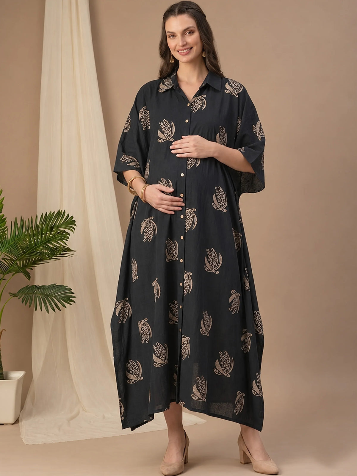 Printed Maternity Kaftan – Black
