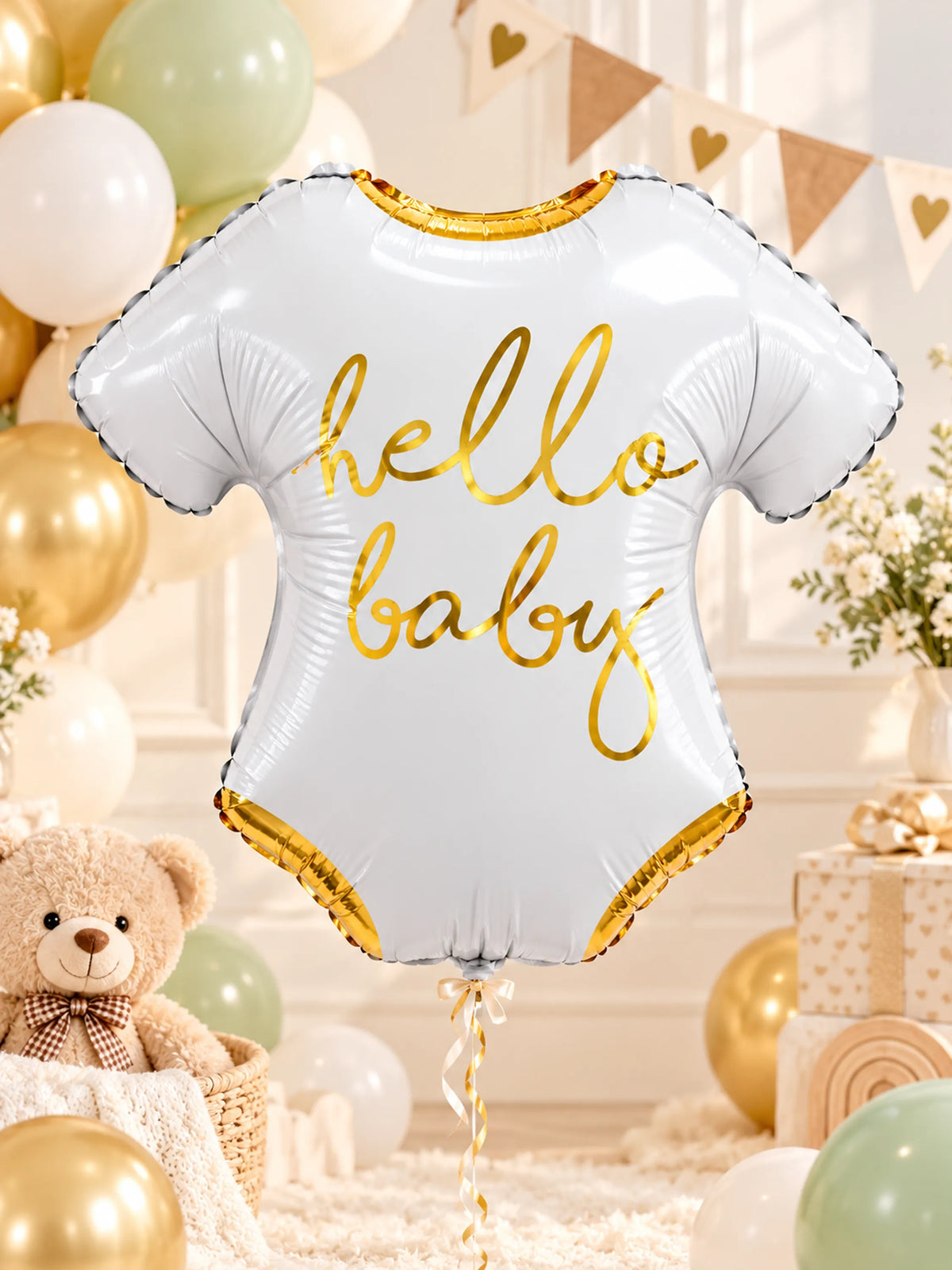 Hello Baby Onesie Foil Balloon - White & Gold