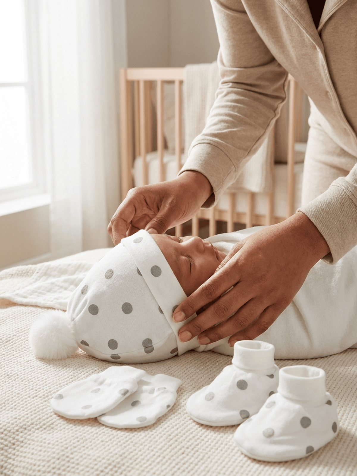 Baby Cap, Mittens & Booties Set – Grey Polka Dot
