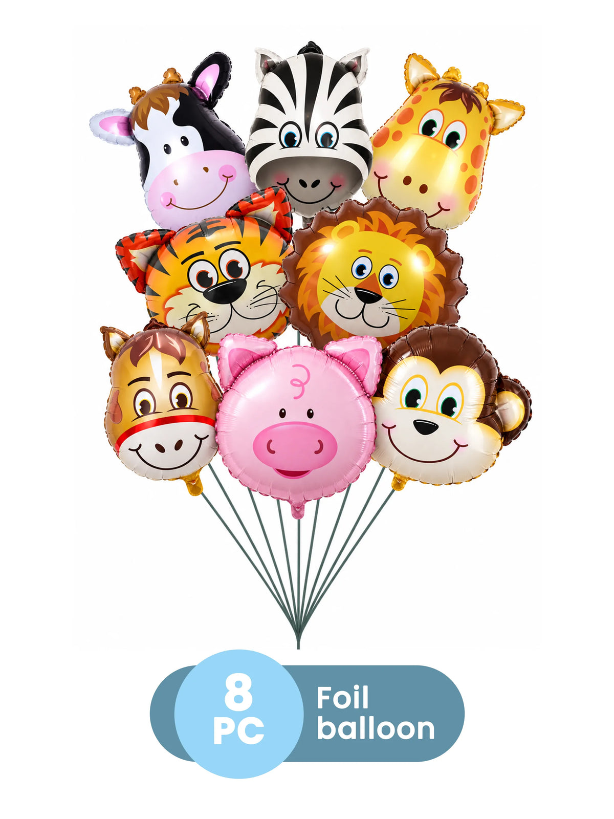 Safari Animal Face Foil Balloon Set – 8 Pcs