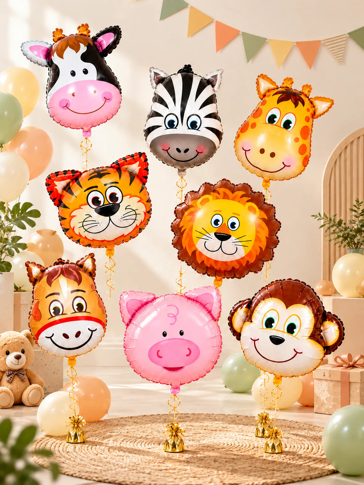 Safari Animal Face Foil Balloon Set – 8 Pcs