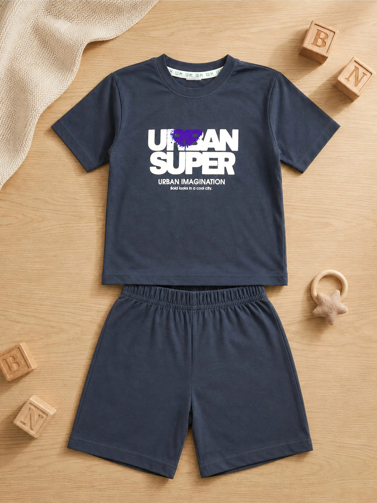 Boys Navy Blue Printed T-Shirt & Shorts Co-ord Set