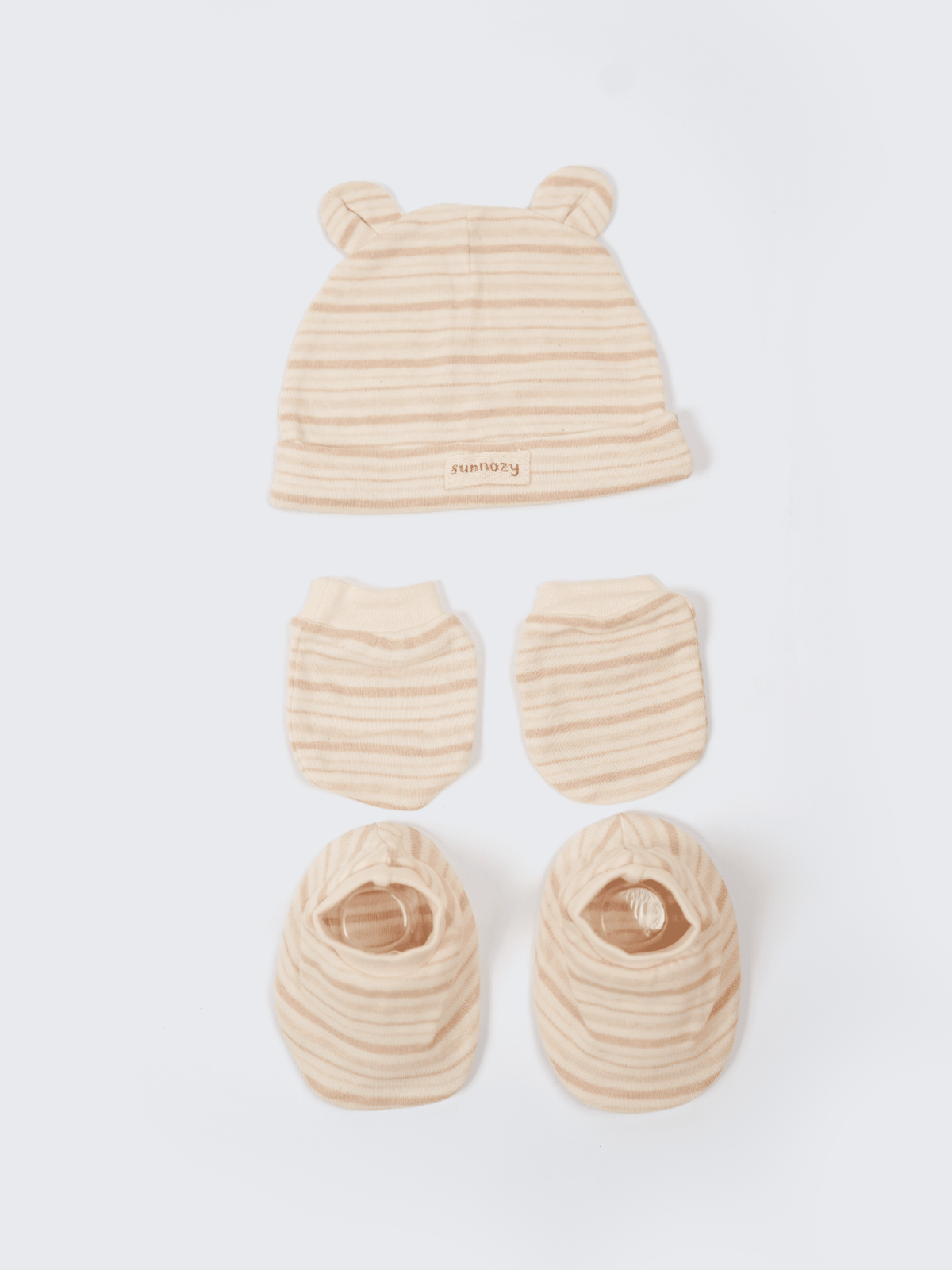 Baby Cap, Mittens & Booties Set – Beige Stripe