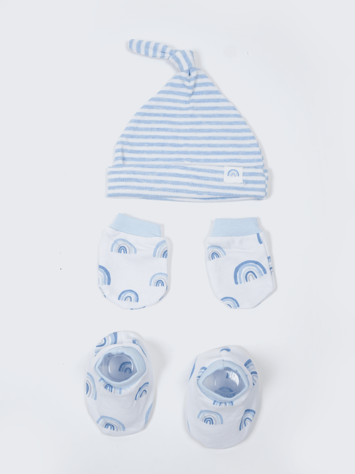Newborn Cotton Cap, Mittens & Booties Set – Blue Rainbow