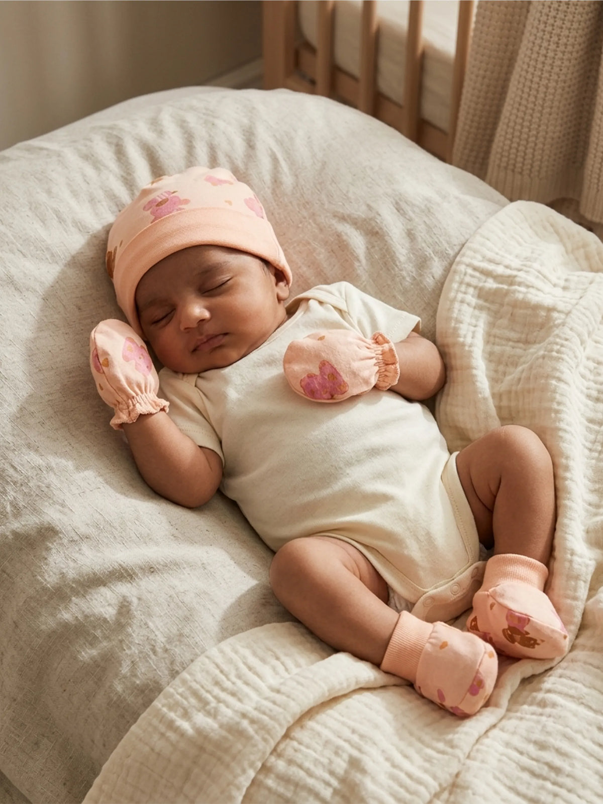 Newborn Cap, Mittens & Booties Set – Peach Print
