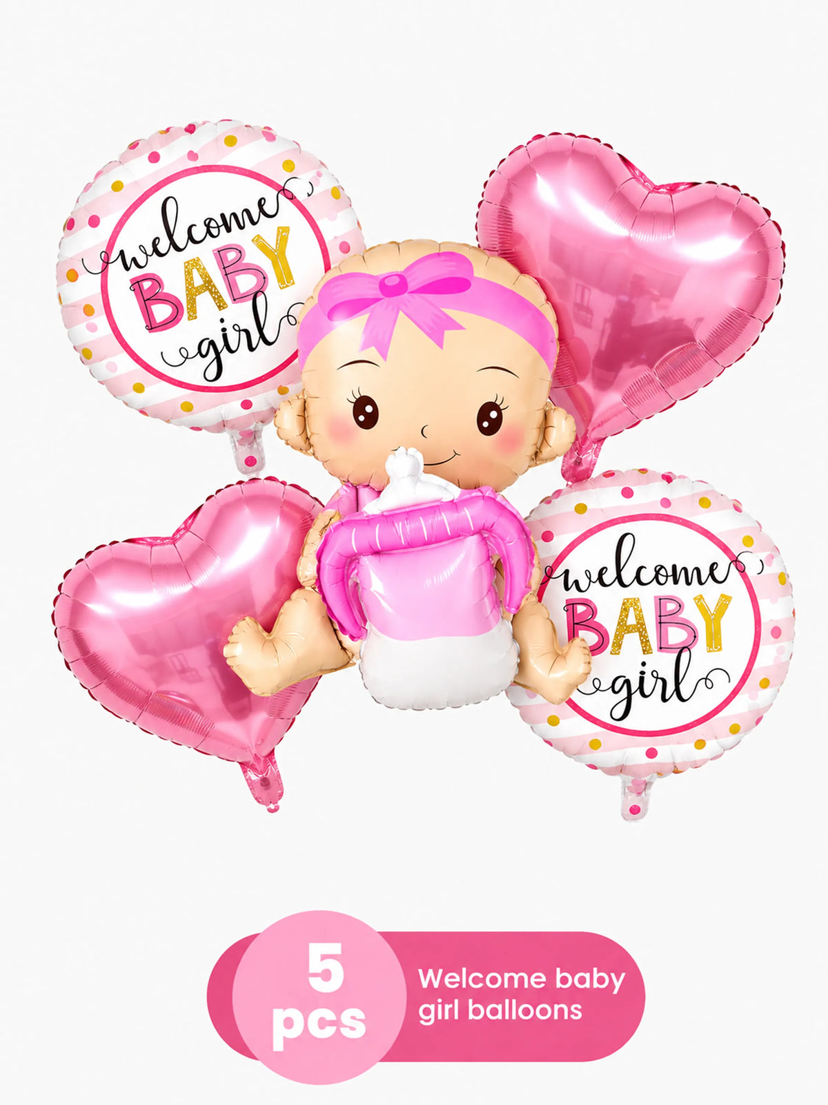 Welcome Baby Girl Foil Balloon Set – 5 Pcs, Pink