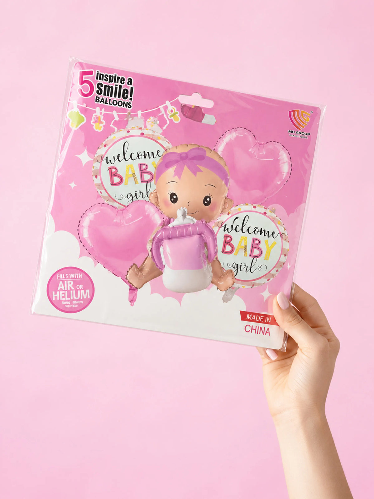 Welcome Baby Girl Foil Balloon Set – 5 Pcs, Pink