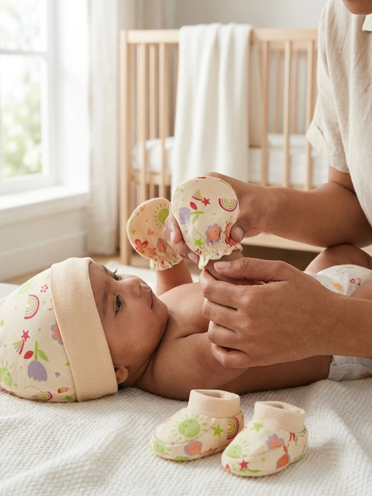 Newborn Cap, Mittens & Booties Set – Beige Print