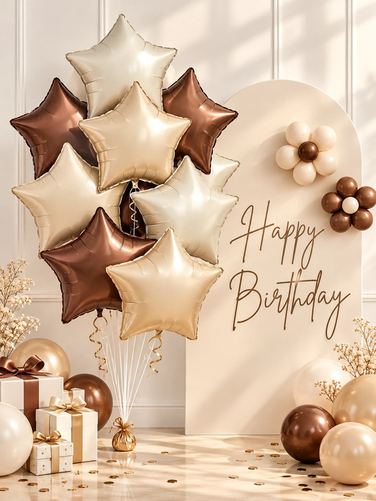 9-Piece Star Foil Balloon Bouquet - Champagne, Brown & White