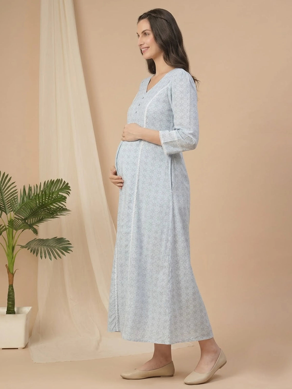 Printed Cotton Maternity & Feeding Gown