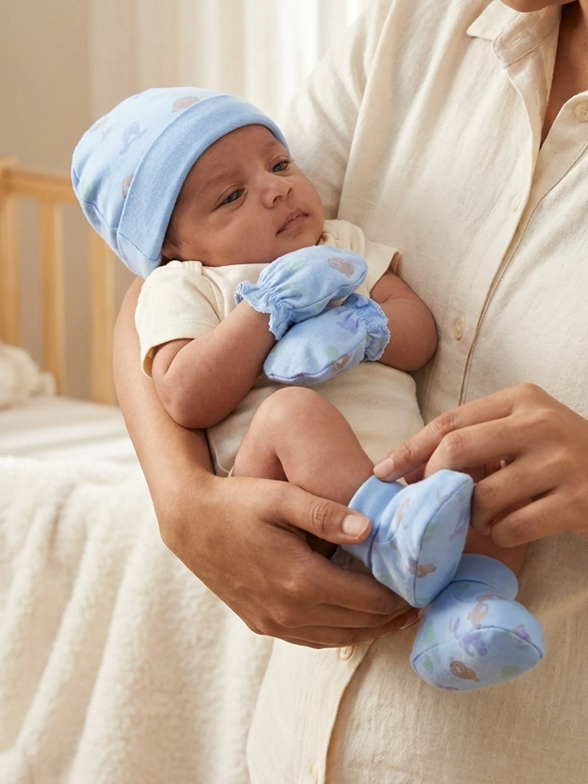 Newborn Cap, Mittens & Booties Set – Blue