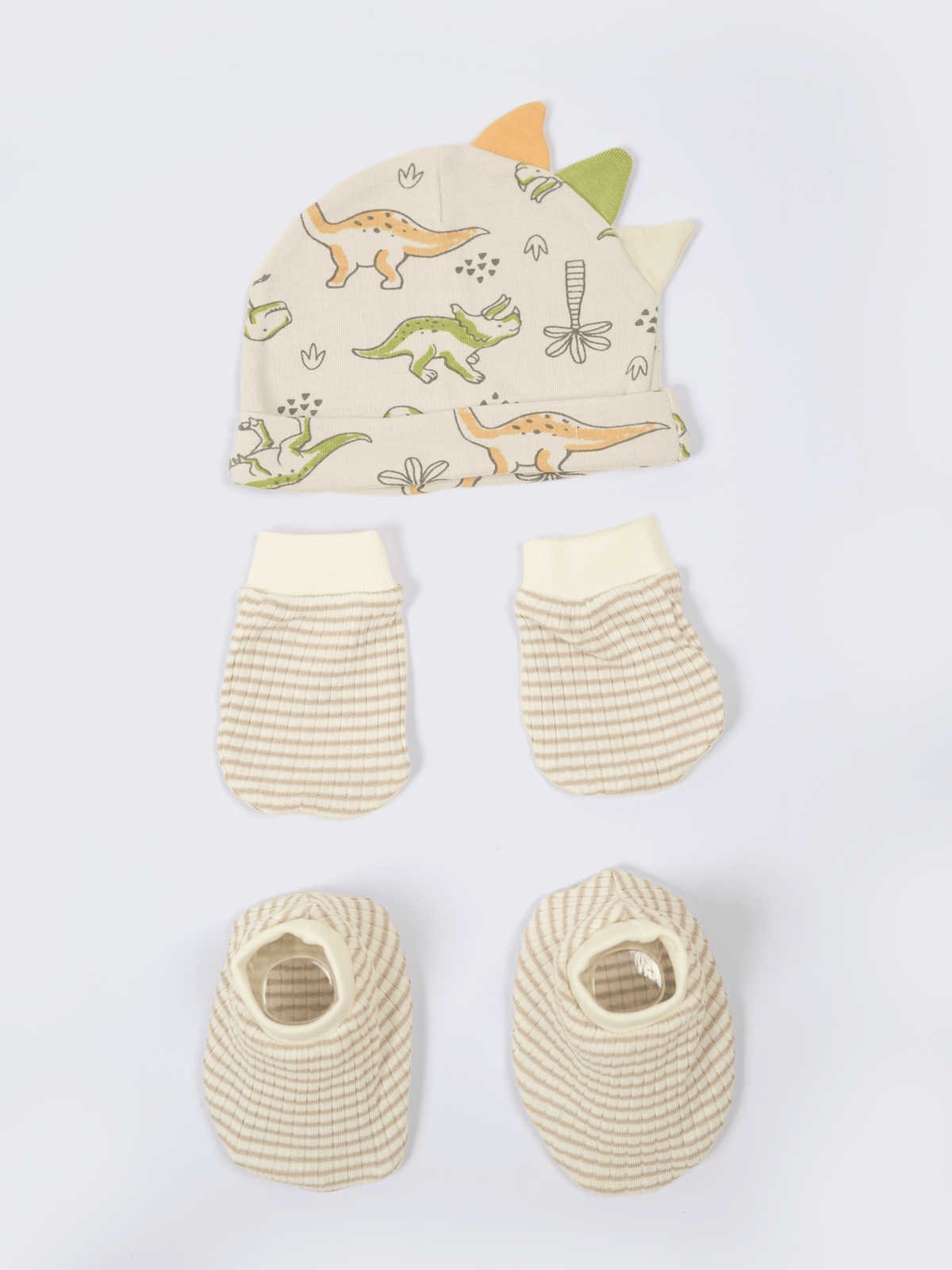 Newborn Cap, Mittens & Booties Set – Dinosaur Print