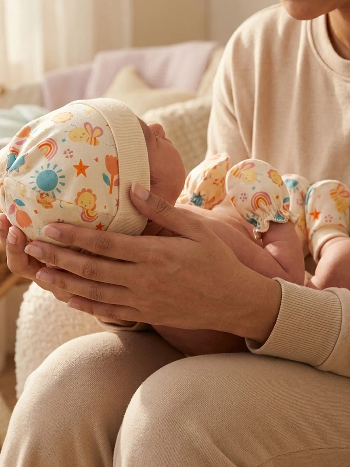 Newborn Cap, Mittens & Booties Set – Cream Print