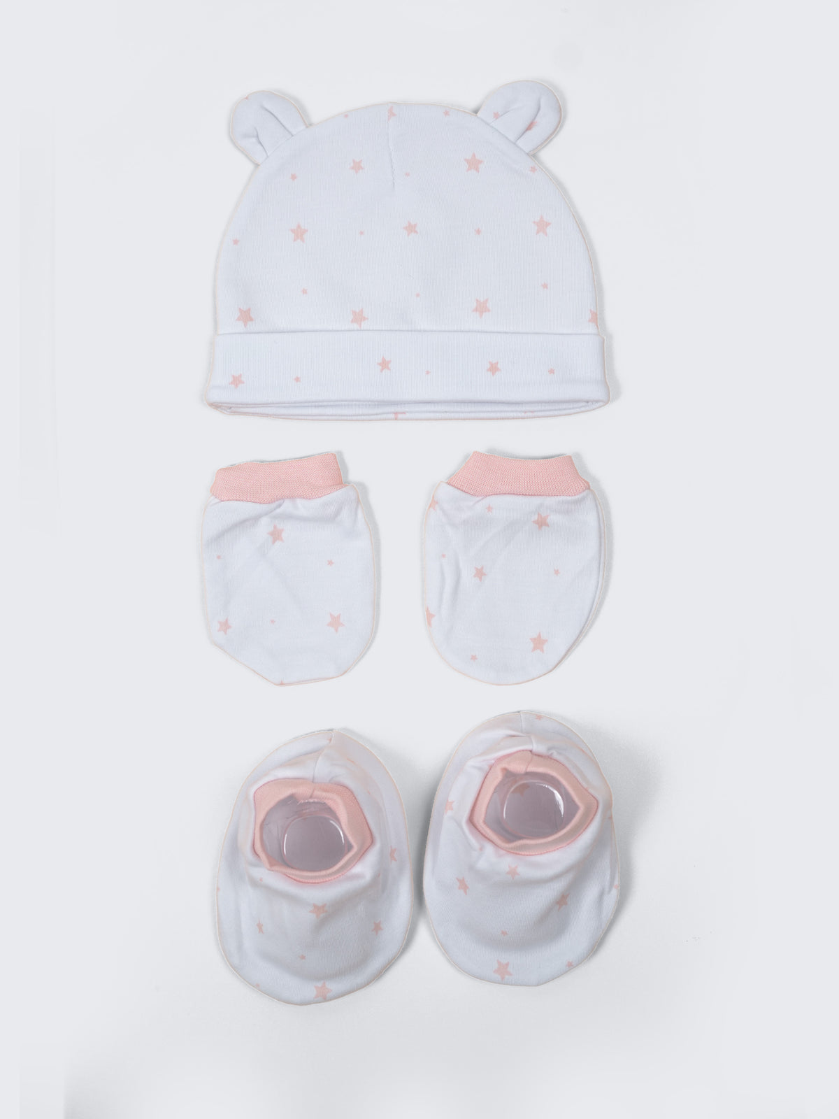 Baby Cap, Mittens & Booties Set – Pink Star Print