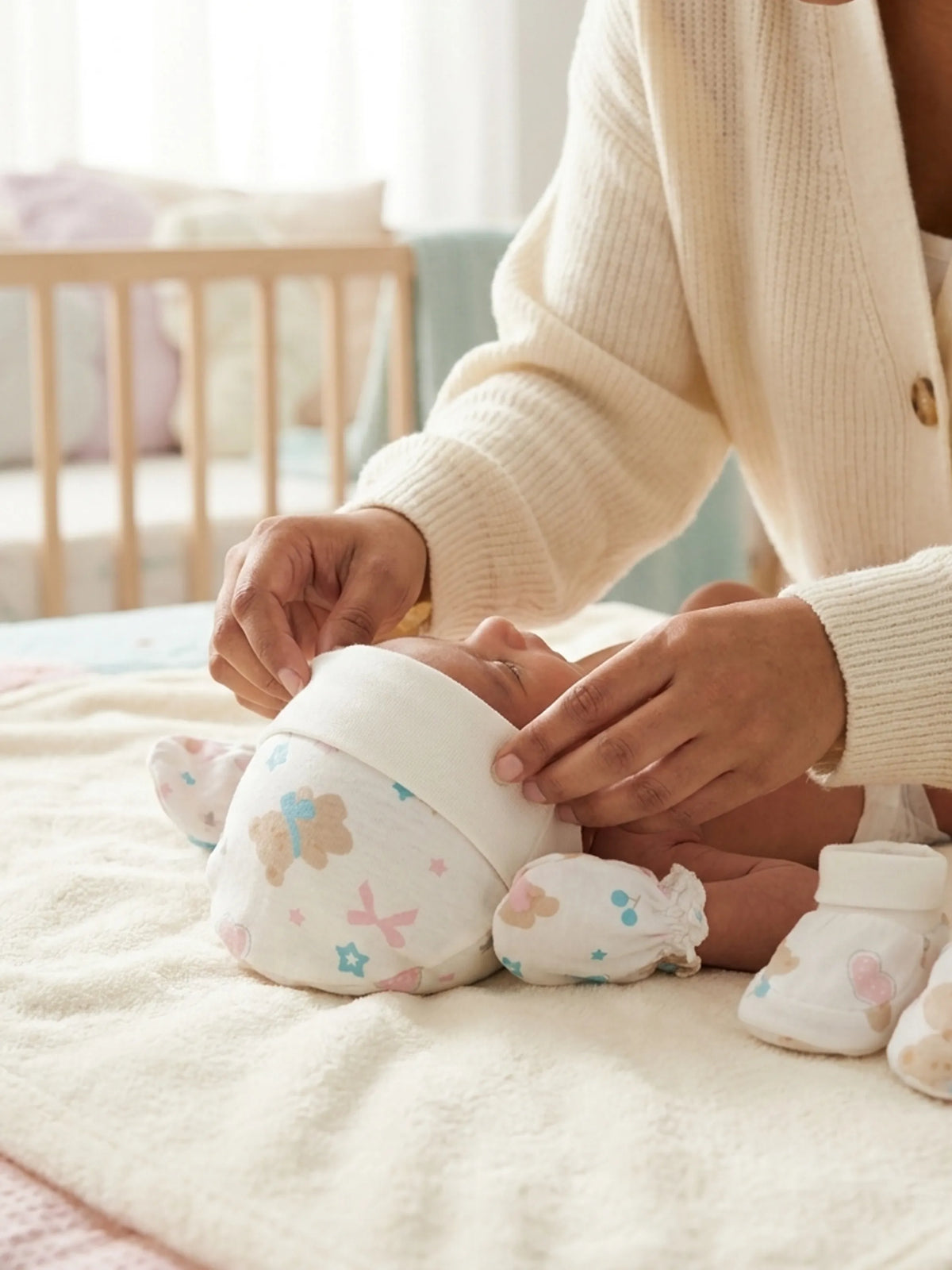 Newborn Cap, Mittens & Booties Set – White Print