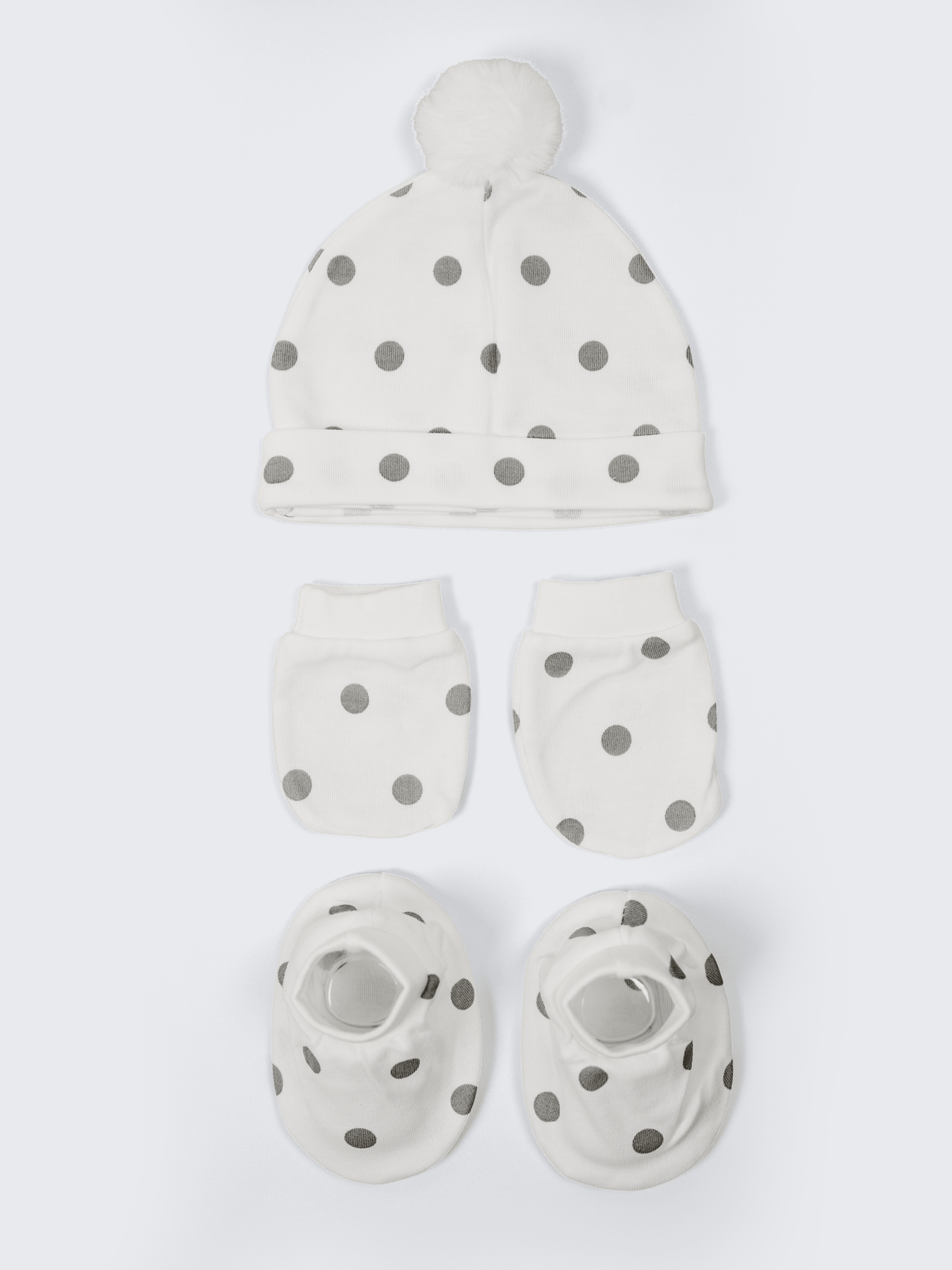 Baby Cap, Mittens & Booties Set – Grey Polka Dot