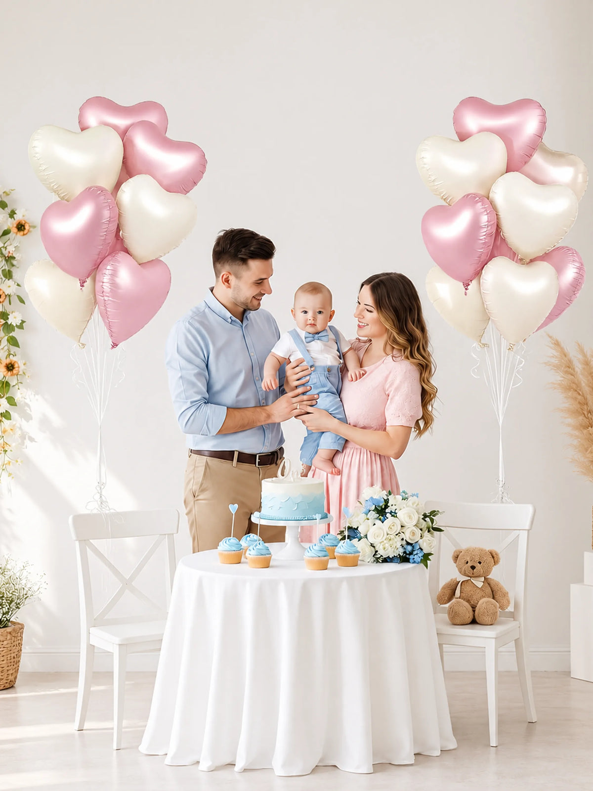 10-Piece Heart Foil Balloon Bouquet - Blush Pink & White