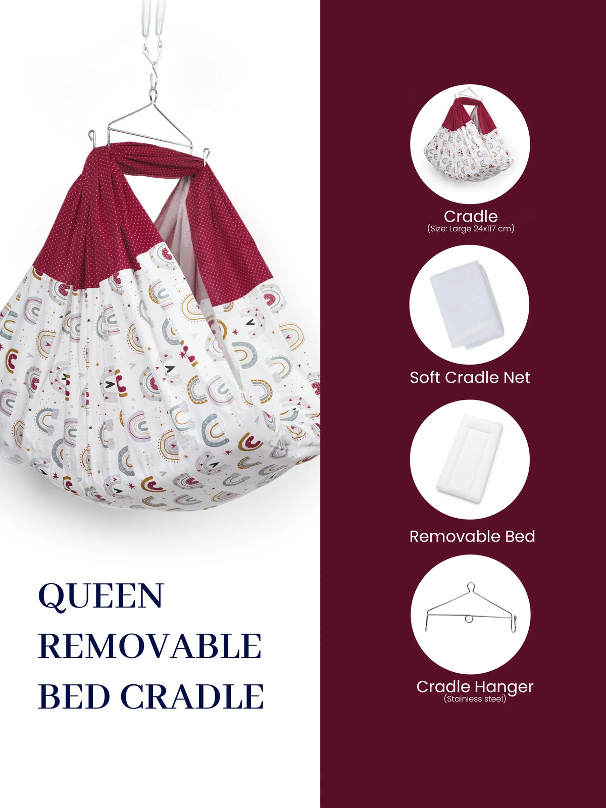 Queen Removable Bed Cradle/Thottil/Jhula Combo - Rainbow Print