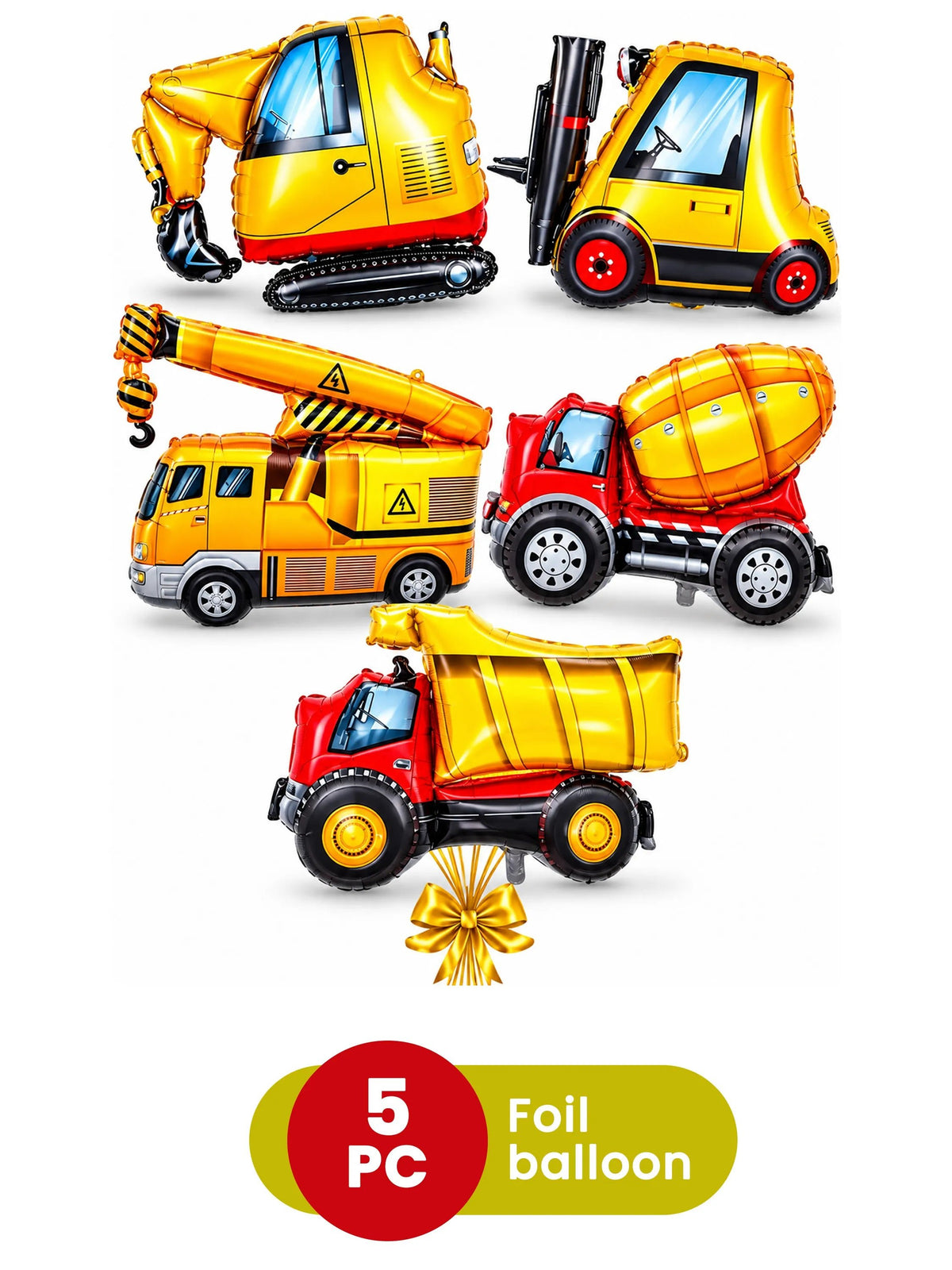 5-Piece Construction Vehicles Foil Balloon Set