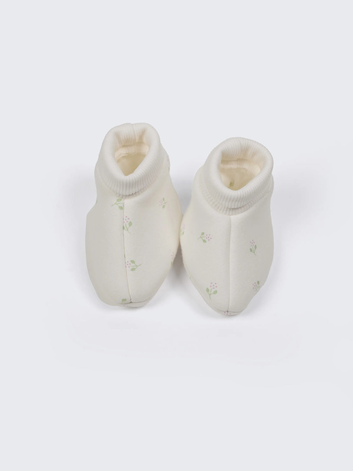 Baby Cotton Booties Soft Cream Floral Print - 0-3 Months