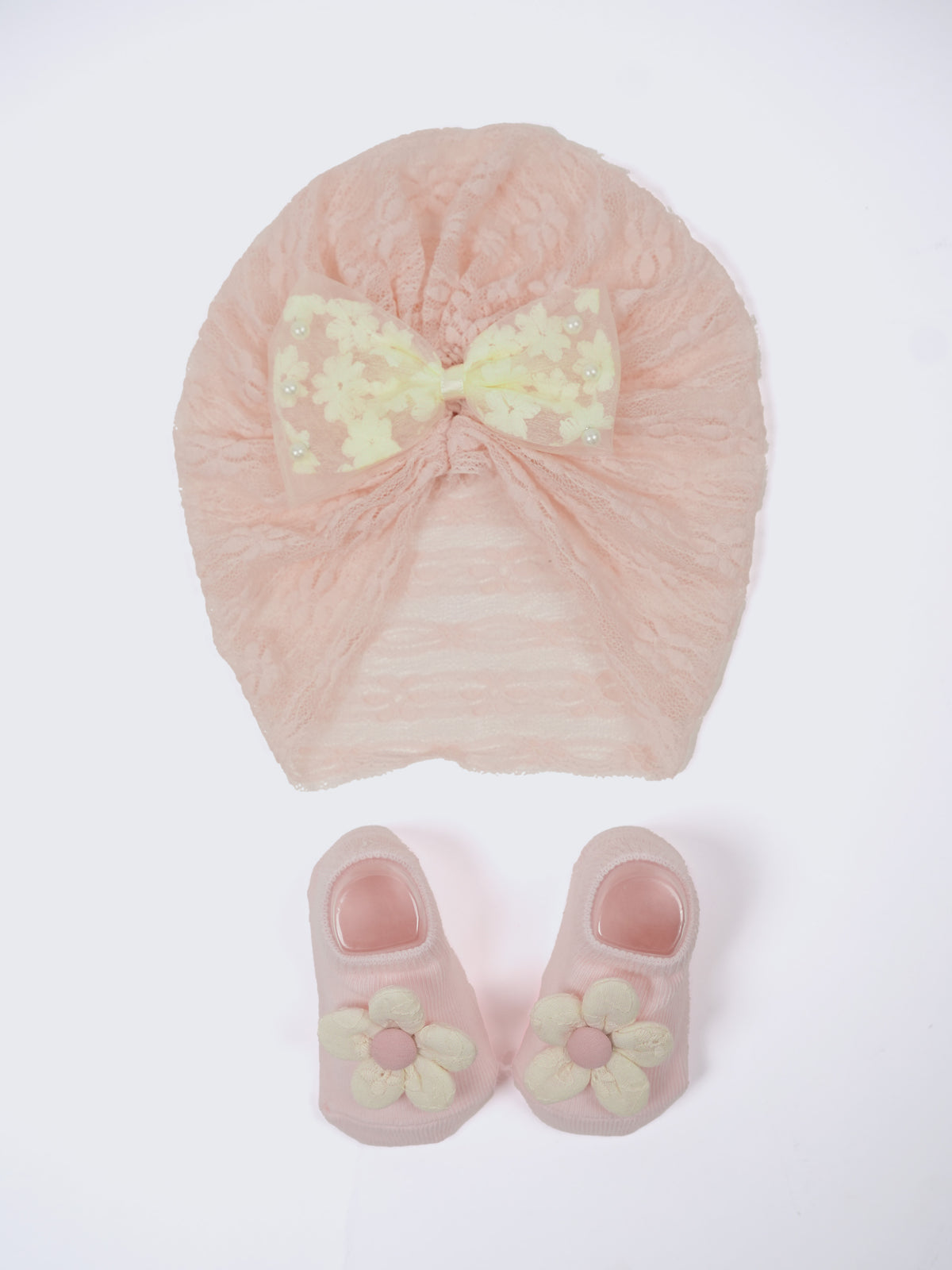 Baby Turban Cap & Booties Set - Peach