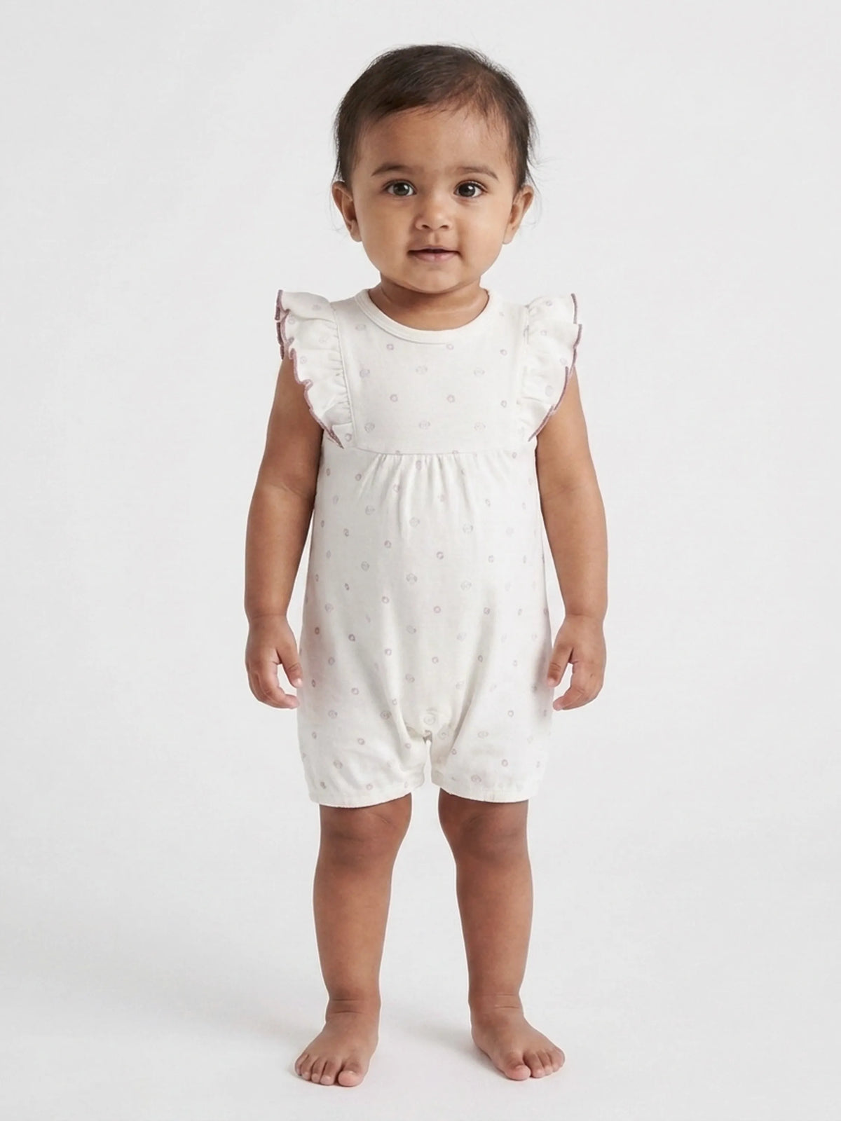 Baby Girls White Printed Ruffle Sleeve Romper