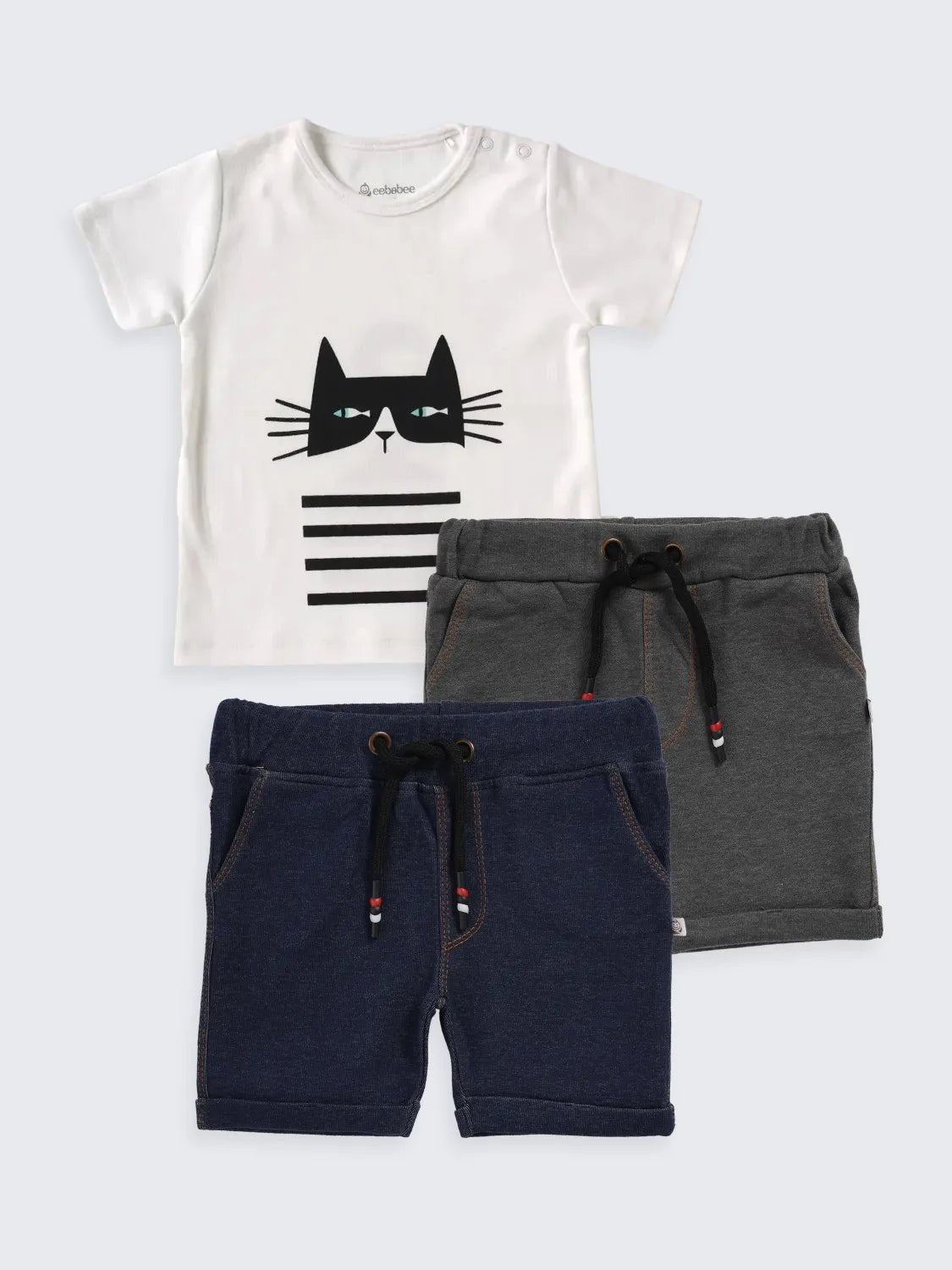 Cat Graphic Tee with Back Print & Shorts Combo – 3-Piece Summer Set for Boys