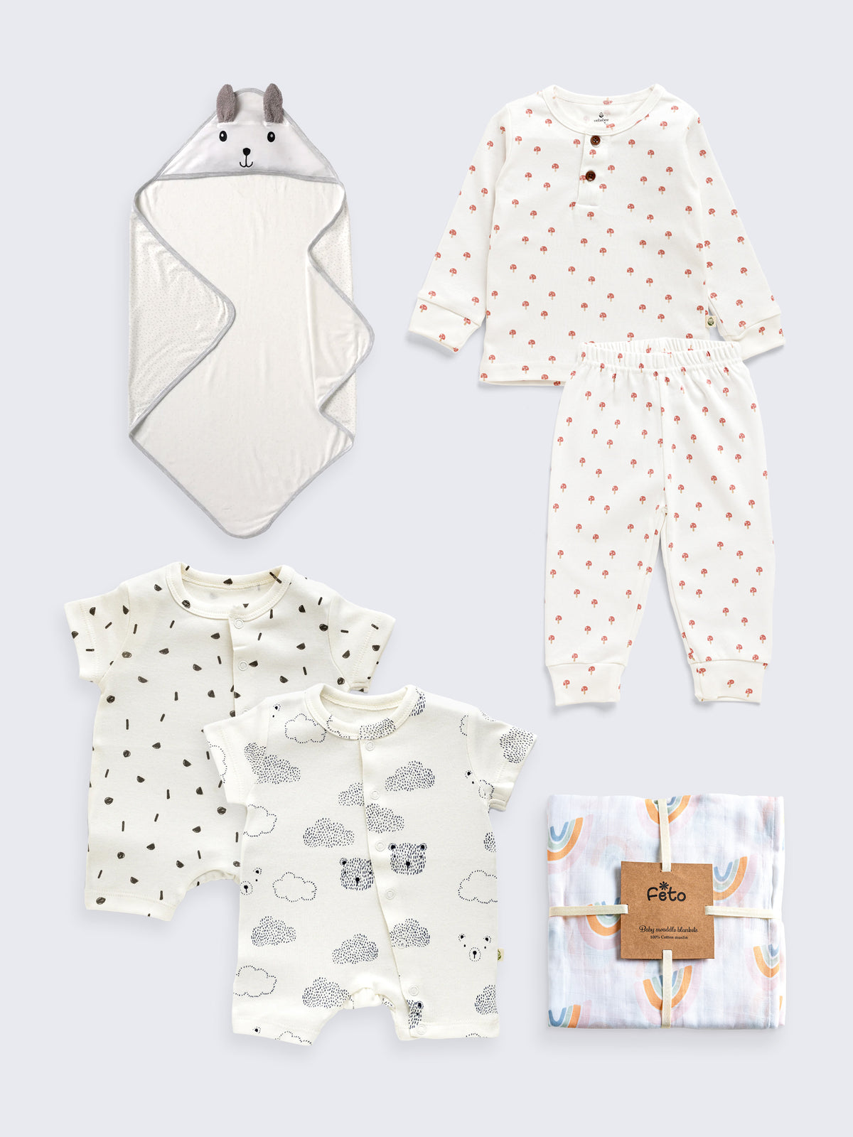 Essential Newborn Baby Kit – Pajama Set, 2 Rompers, Bear Hooded Towel & Muslin Swaddle