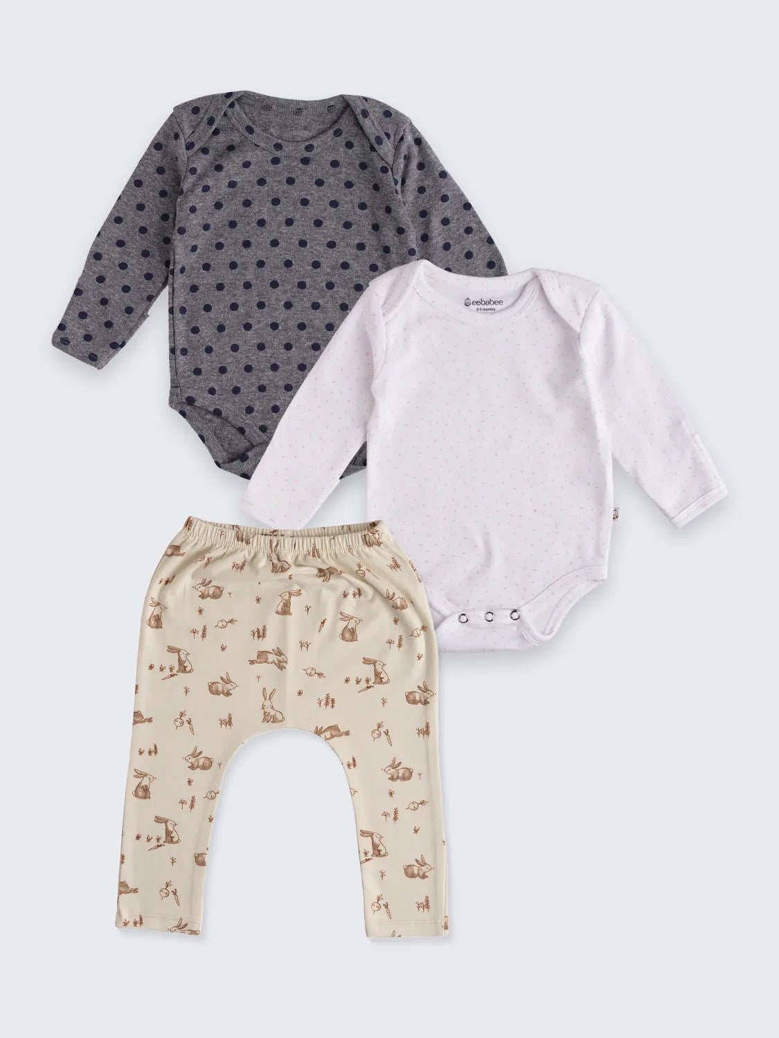 Baby Essentials 3-Piece Set – 2 Long Sleeve Bodysuits & Printed Diaper Pant