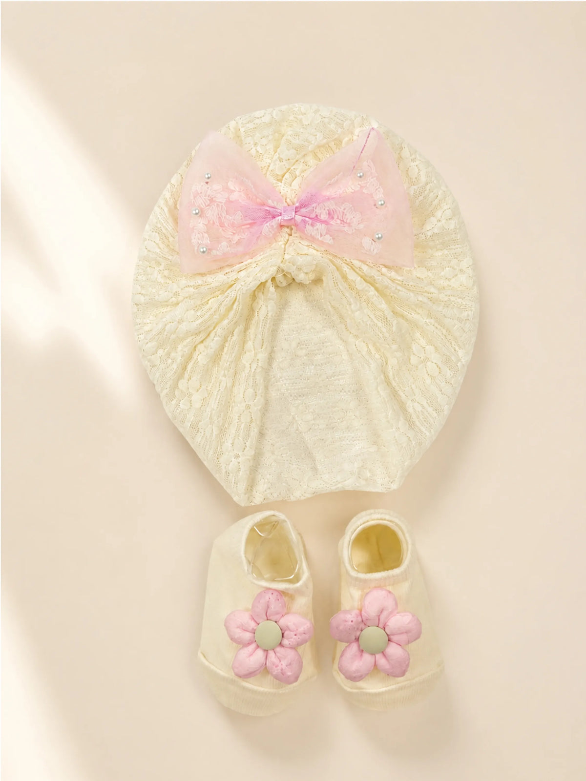 Baby Turban Cap & Floral Booties Set - Yellow With Pink