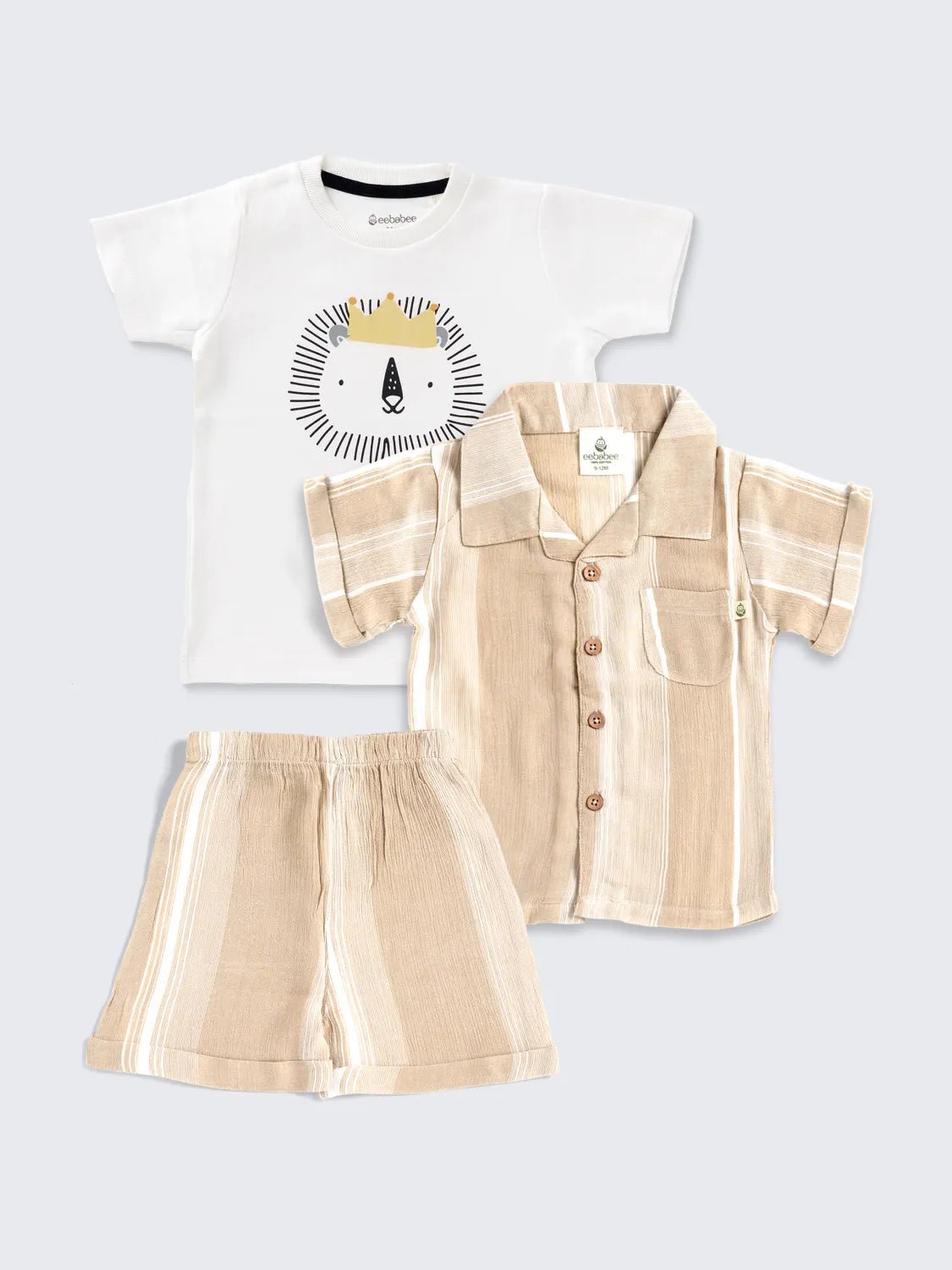 Chic Summer Combo – 3-Piece Shirt, Shorts & Lion Graphic Tee Set for Boys