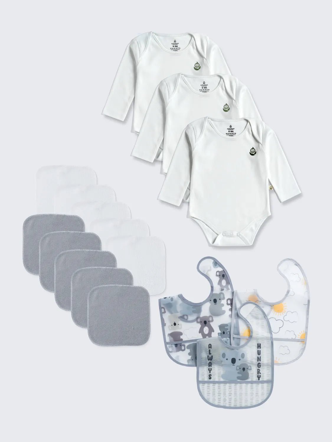 Baby Must-Have Essentials Pack – White Bodysuits, Washcloths & Waterproof Bibs