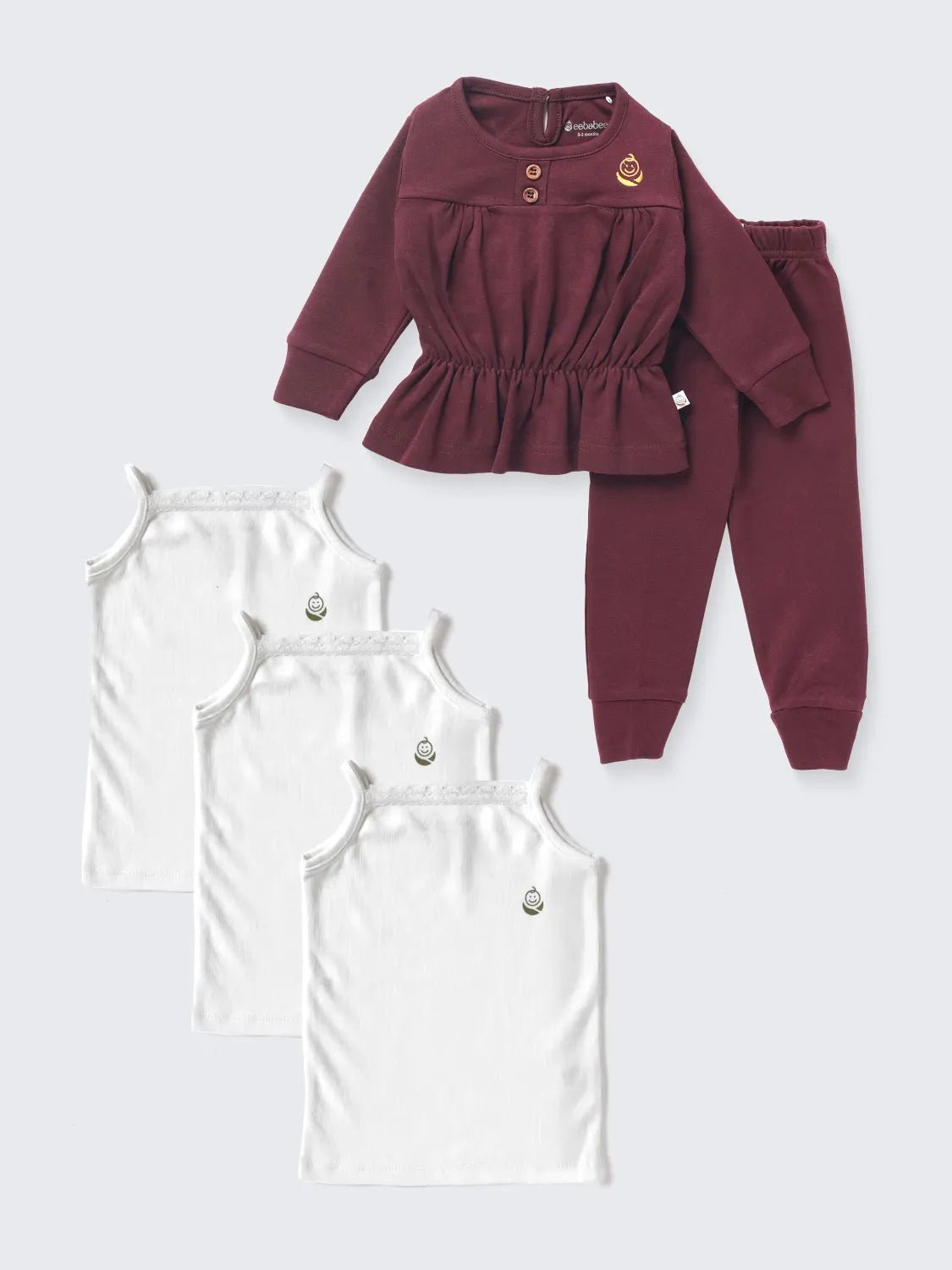 Baby Girl Combo – 3 Camisole Vests + Full Sleeve Solid Frock Set