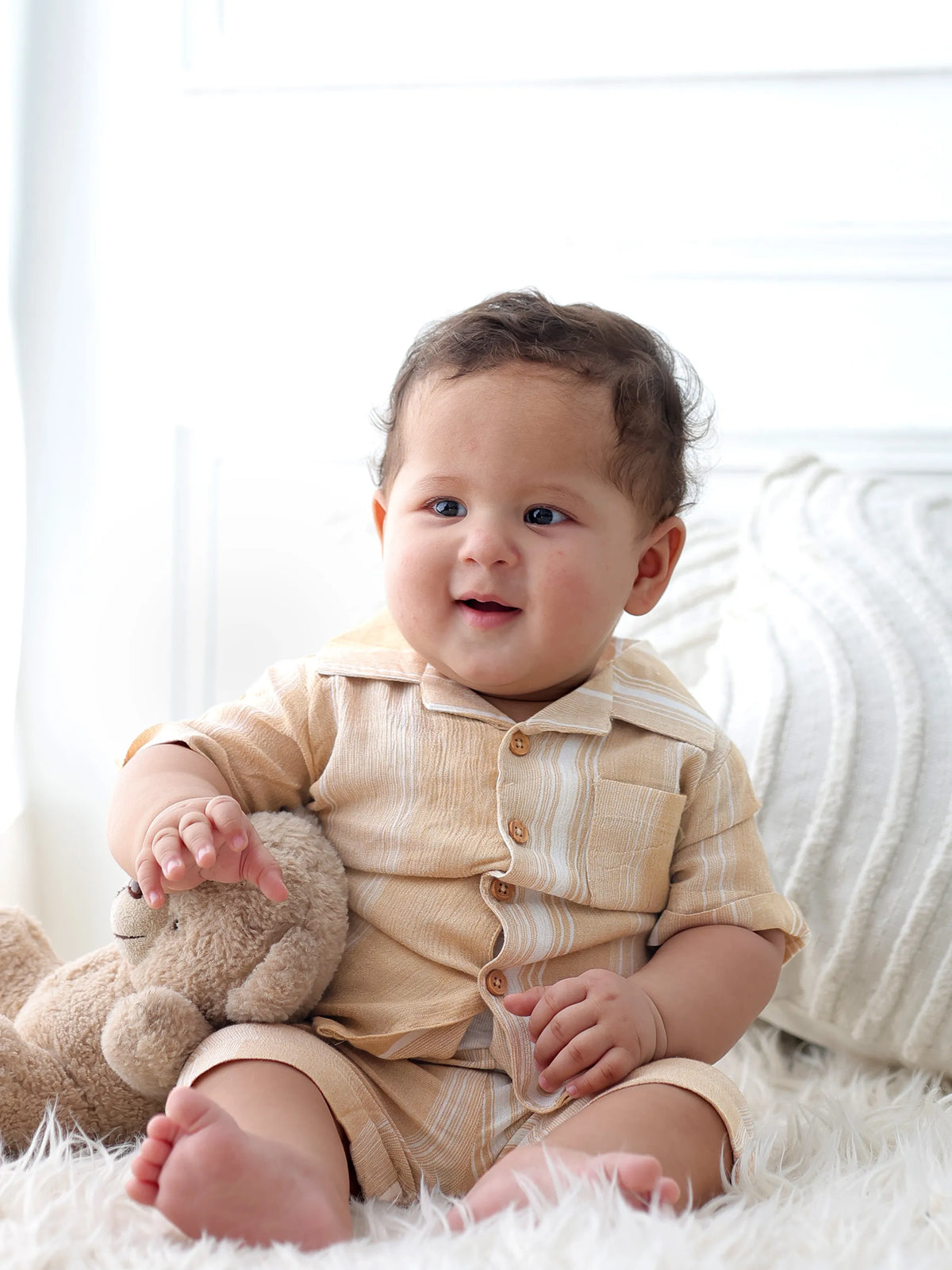 Boys Beige Stripe Shirt & Shorts Set